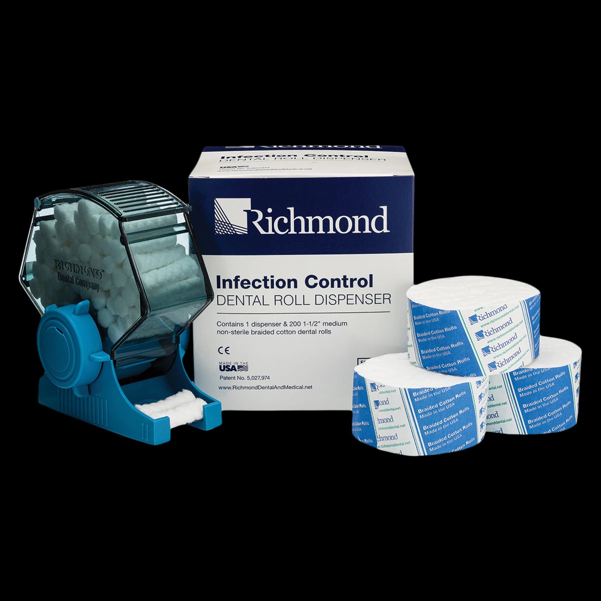 Richmond Dental Cotton Roll Dispenser, Blue, with 200 Braided Cotton Rolls, 1/Pk, 200224