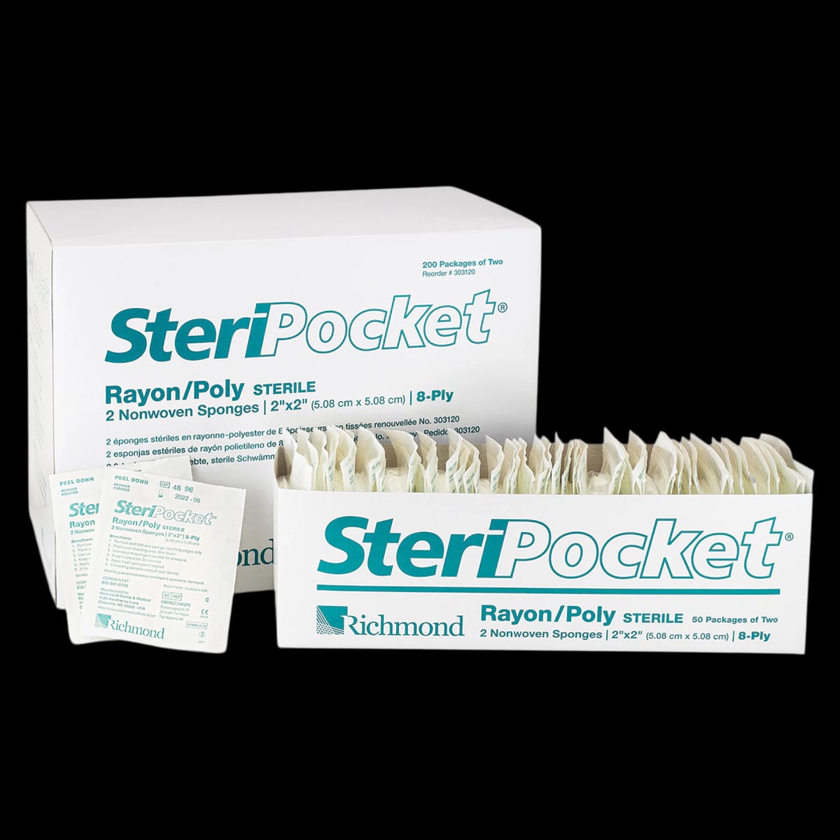 Richmond Dental SteriPocket Rayon/Poly Non-Woven Sponges, Sterile, 8-Ply, 2" x 2", 2/Pk, 200 Packs/Box, 303120