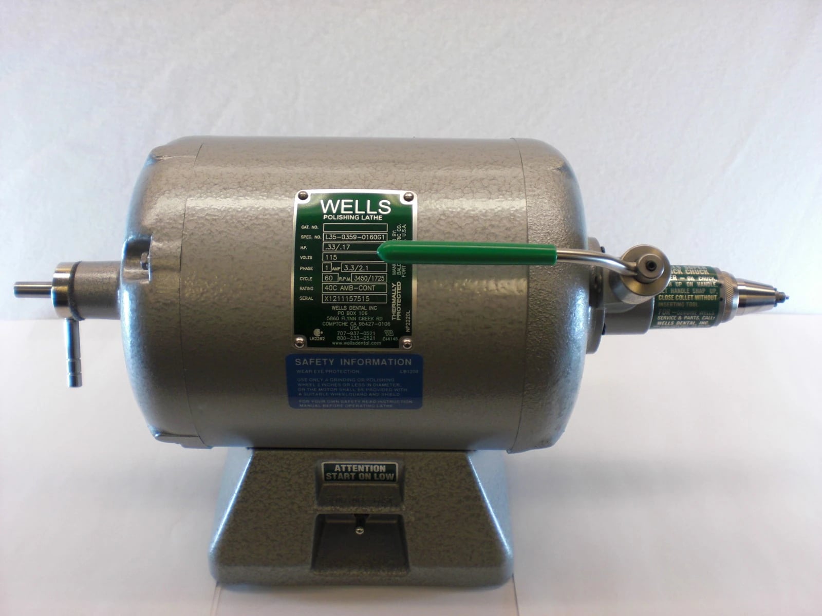 Wells Dental Lathe with Quick Chuck, 1/3 HP, 115V