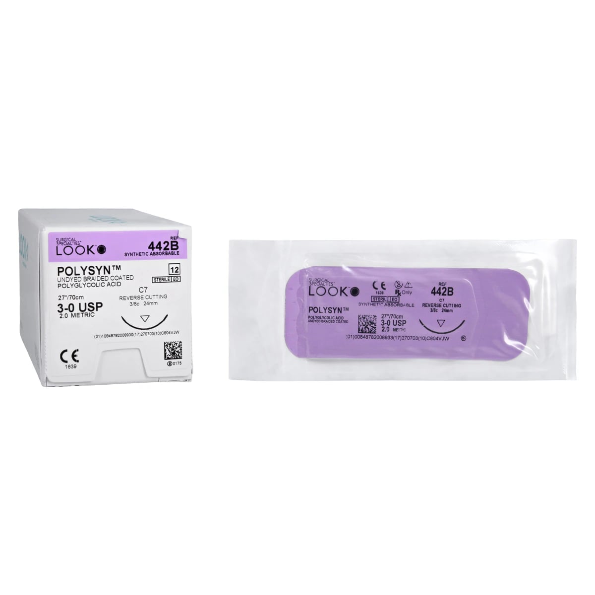 Look PolySyn Polyglycolic Acid (PGA) Absorbable Braided Suture, Undyed, Coated, 3-0, 27"/70 cm, C-7 Reverse Cutting Needle 24 mm 3/8 Circle, 12/Box, 442B