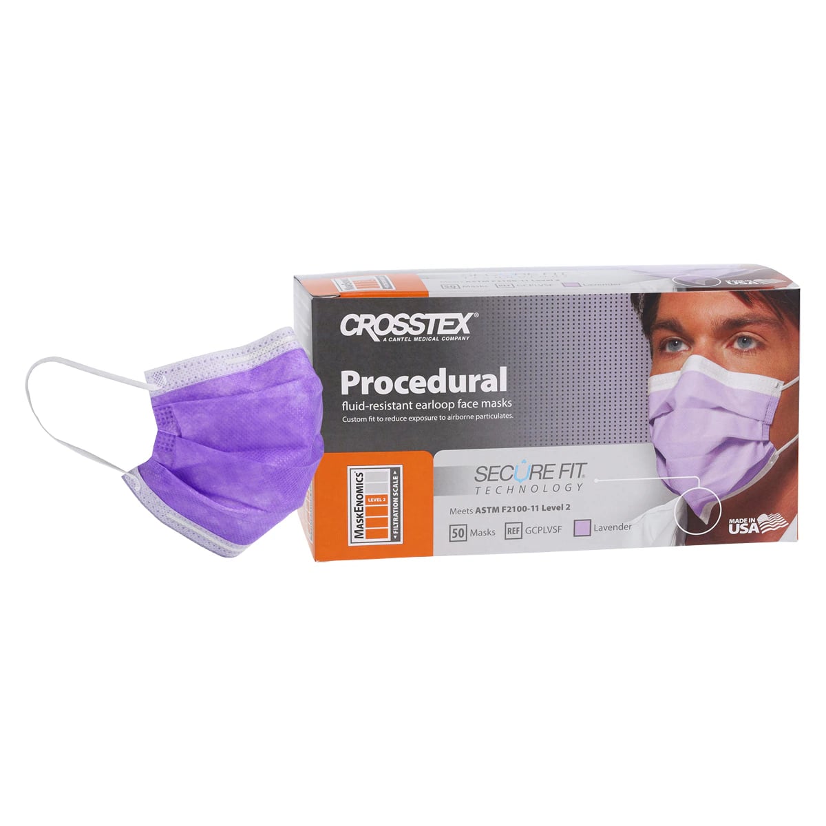 Crosstex Secure Fit™ Procedure Face Mask, ASTM Level 2, Lavender, Ear Loop, 50/Box, GCPLVSF