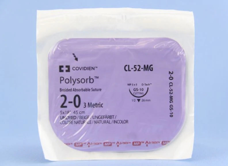 Medtronic Polysorb Absorbable Suture, 2-0, 18" Polyester Braid, GS-10 Reverse Cutting 1/2 Circle Needle 26mm, Undyed, 12/Case