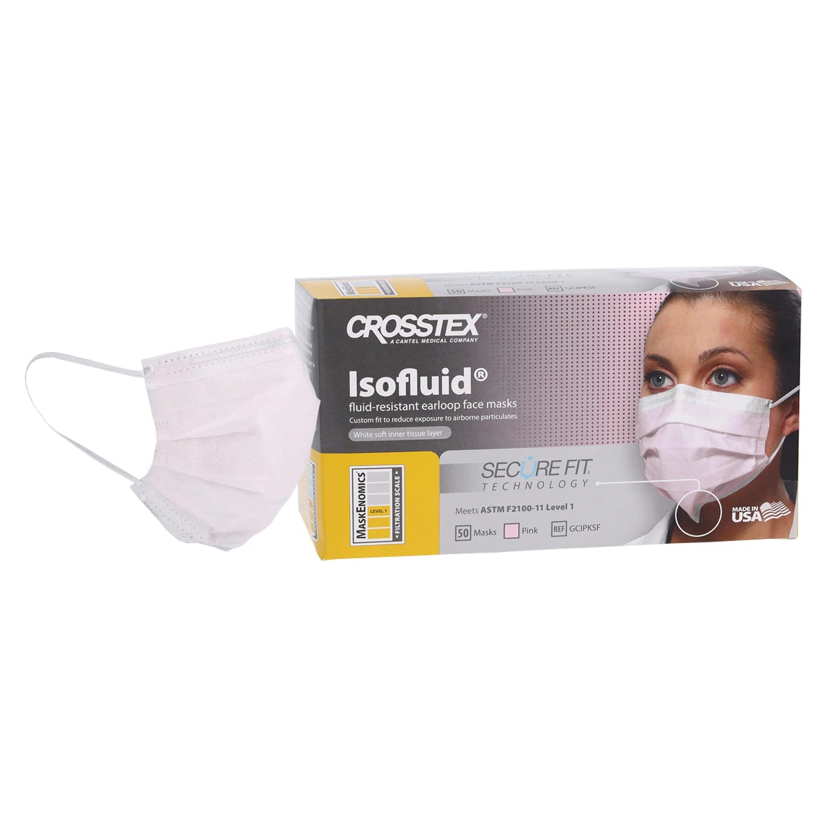 Crosstex Isofluid SecureFit Earloop Face Mask, ASTM Level 1, Pink, 50/Box, GCIPKSF