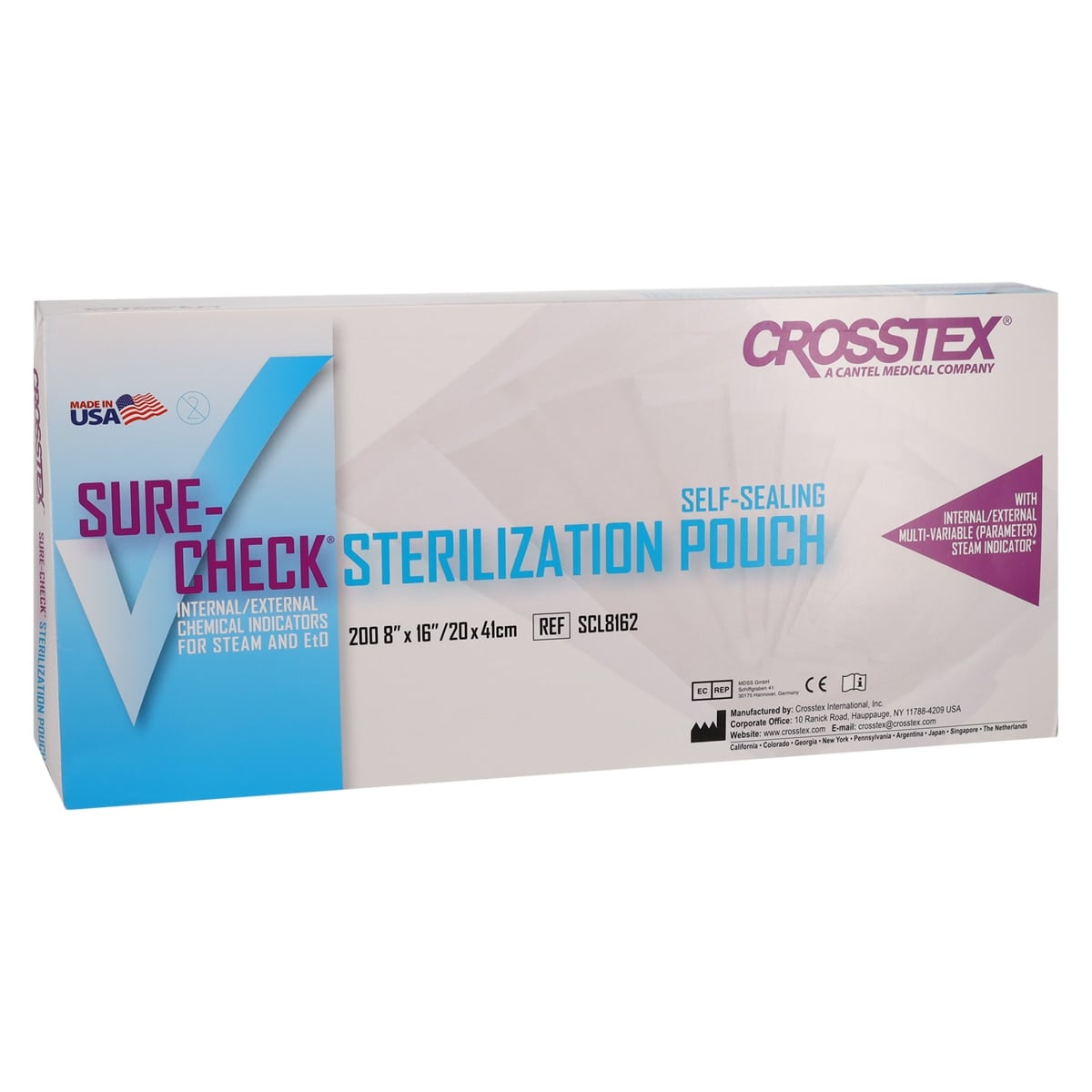 Crosstex Sure-Check Self-Seal Sterilization Pouches, 8" x 16", 200/Box, SCL8162