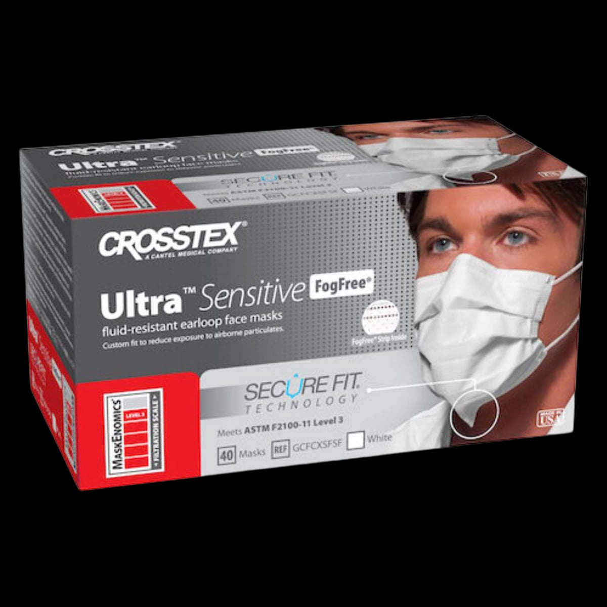 Crosstex Ultra Sensitive FogFree Earloop Mask with Secure Fit Technology, ASTM Level 3, White, 40/Box, GCFCXSFSF