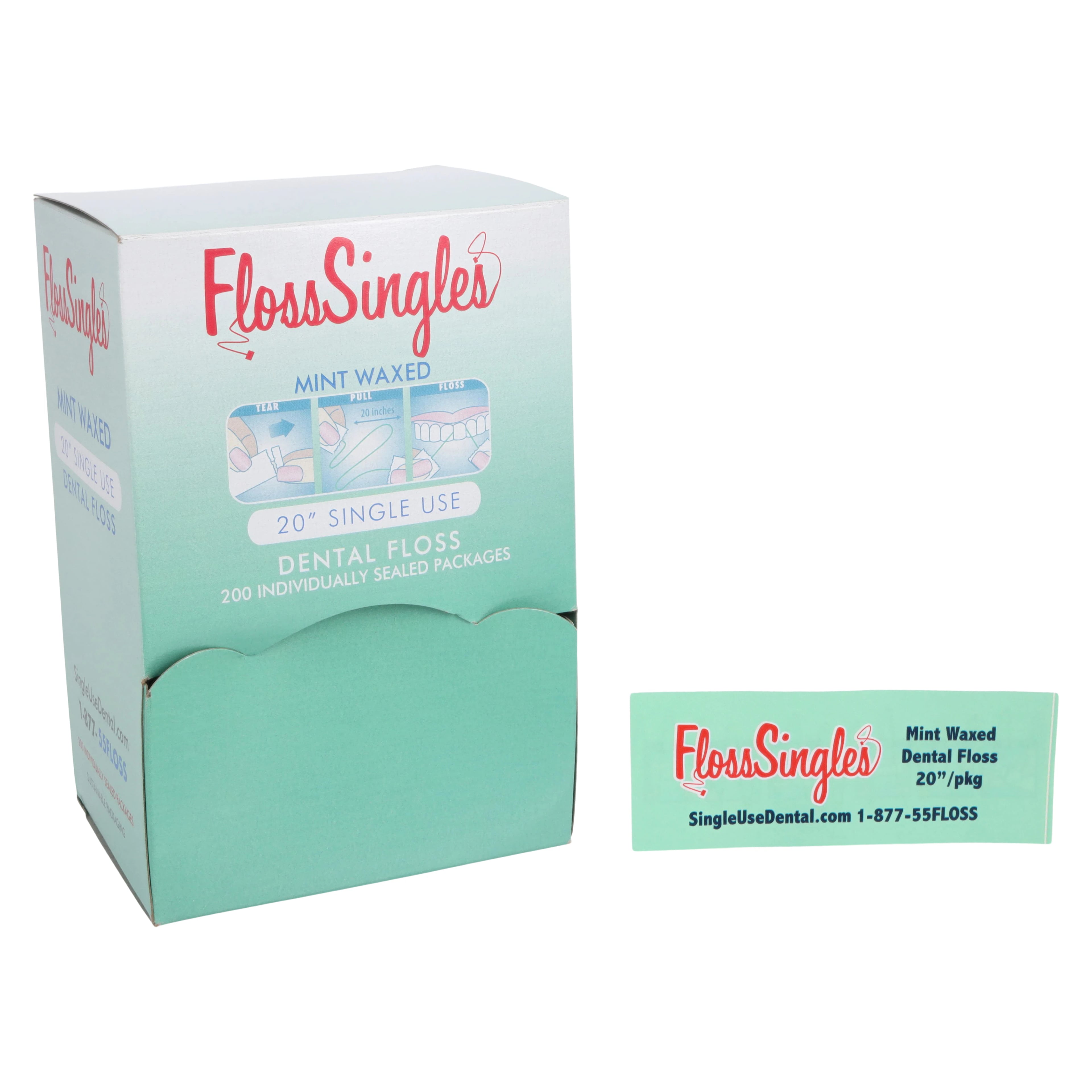 Floss Singles Mint Waxed Dental Floss, Individually Packaged 20" Strands, 200/Box, D200F