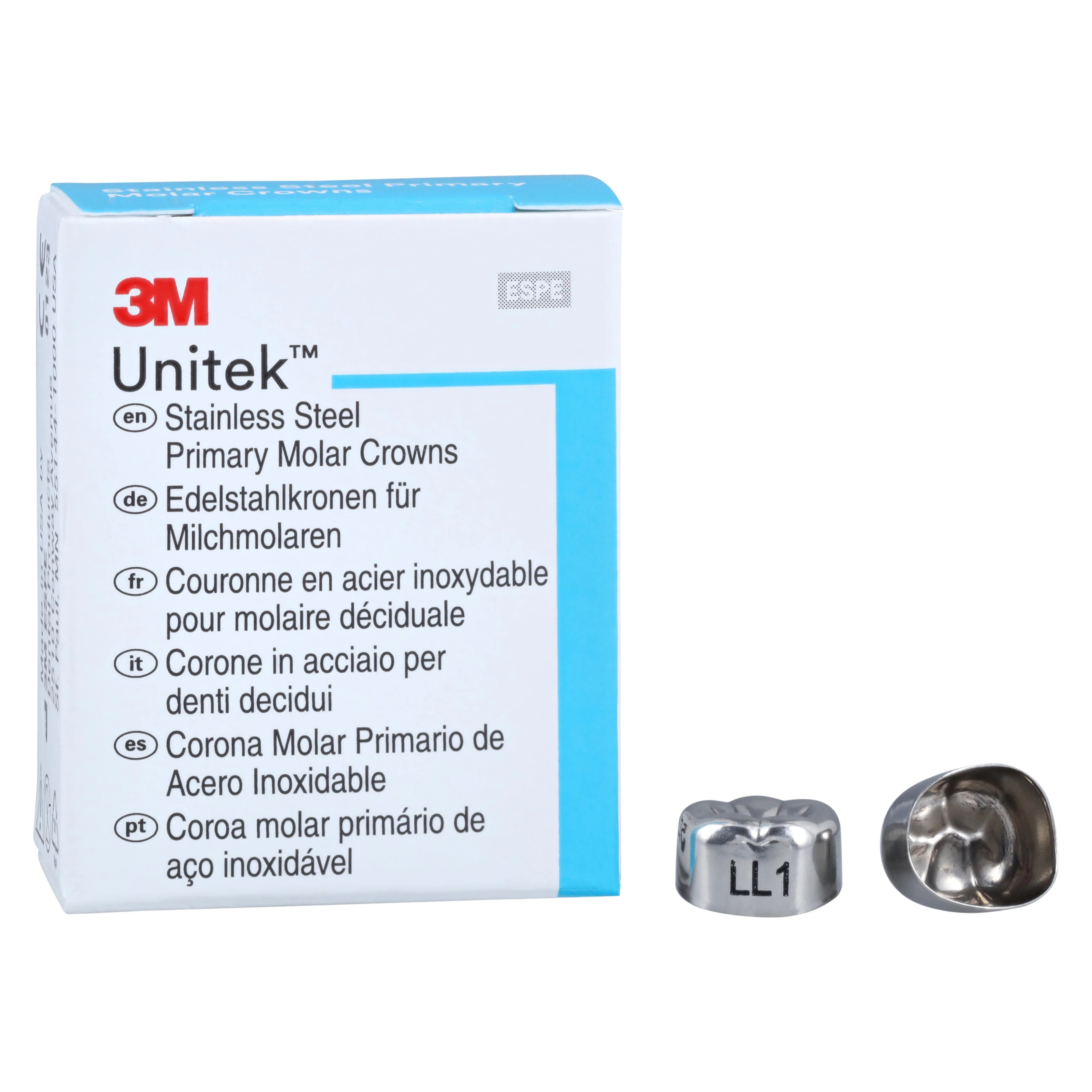 3M Unitek Stainless Steel Primary Molar Crowns, Lower Left Second Primary Molar, Size 1 (LL1), 5/Box, 900231
