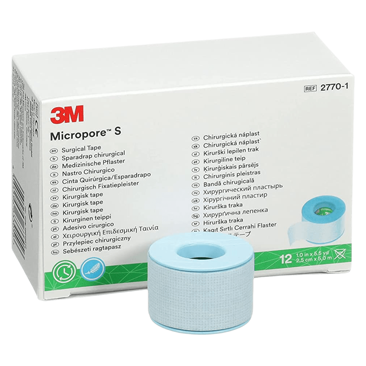 3M Micropore S Surgical Tape, Silicone, Hypoallergenic, 1" x 5.5 yd, Blue, Non-Sterile, 12/Box, 2770-1