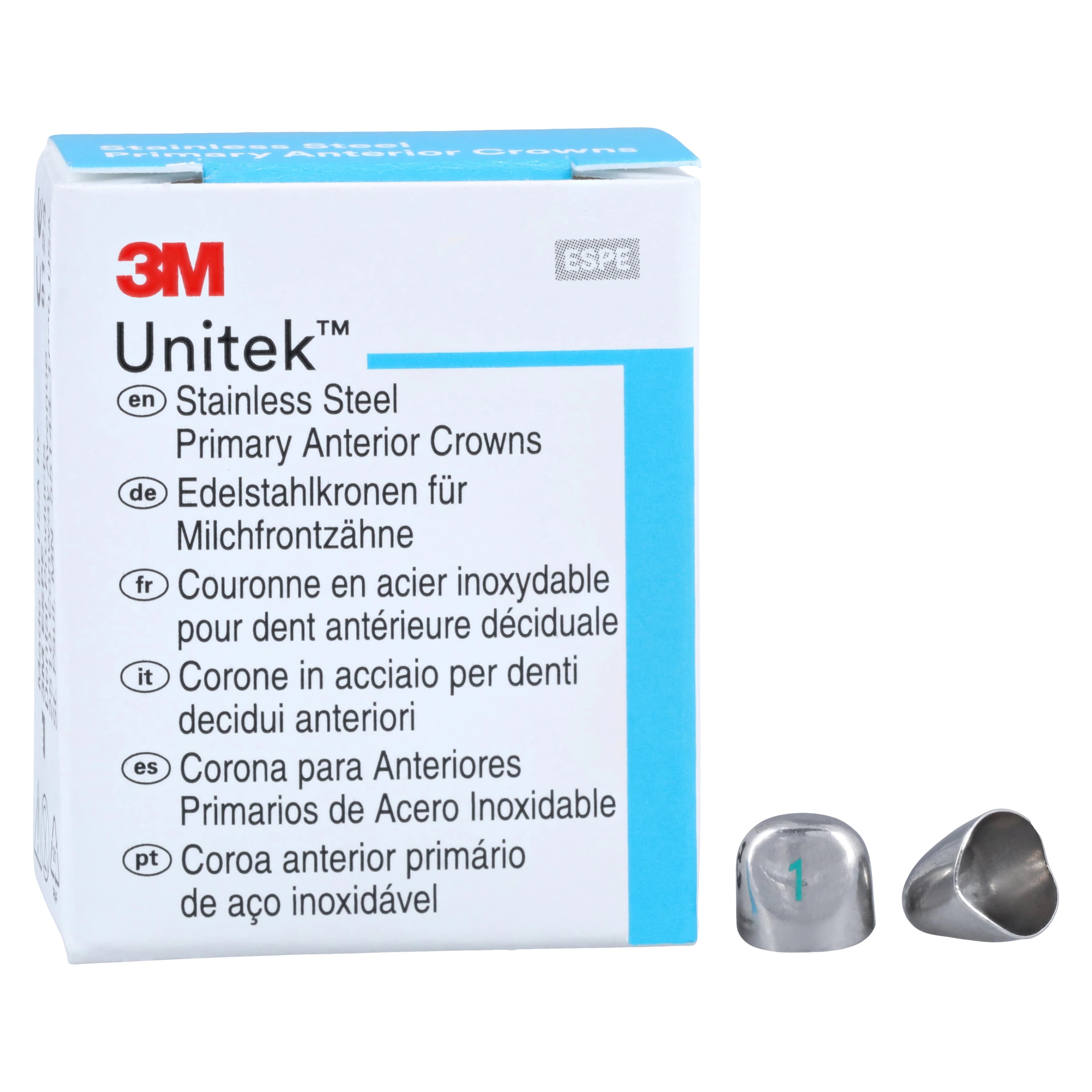 3M Unitek Stainless Steel Primary Anterior Crowns, Upper Cuspid, Size 1U, 5/Box, 907041