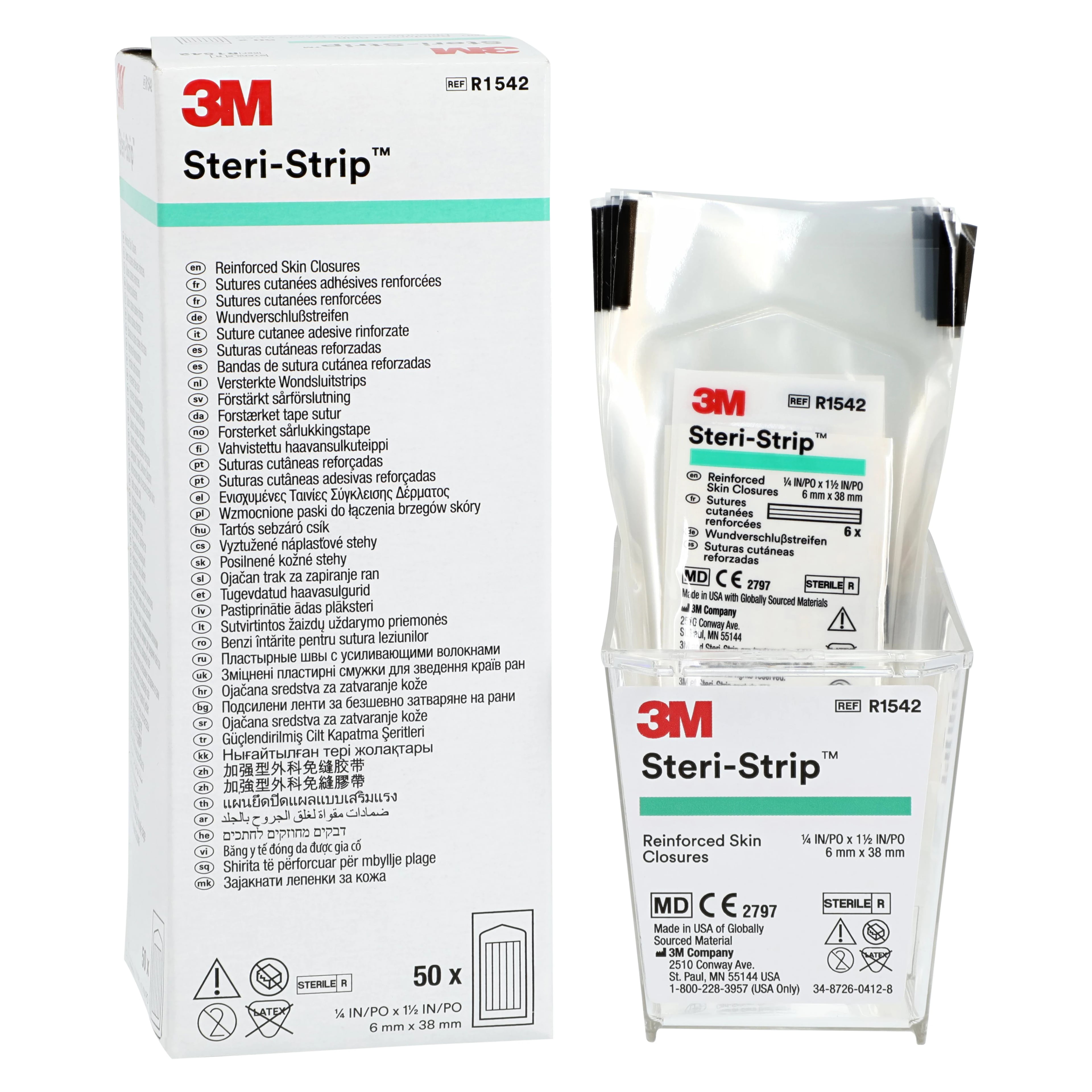 3M Steri-Strip Adhesive Skin Closures, Reinforced, 1/4" x 1-1/2", White, Sterile, 50/Box, R1542