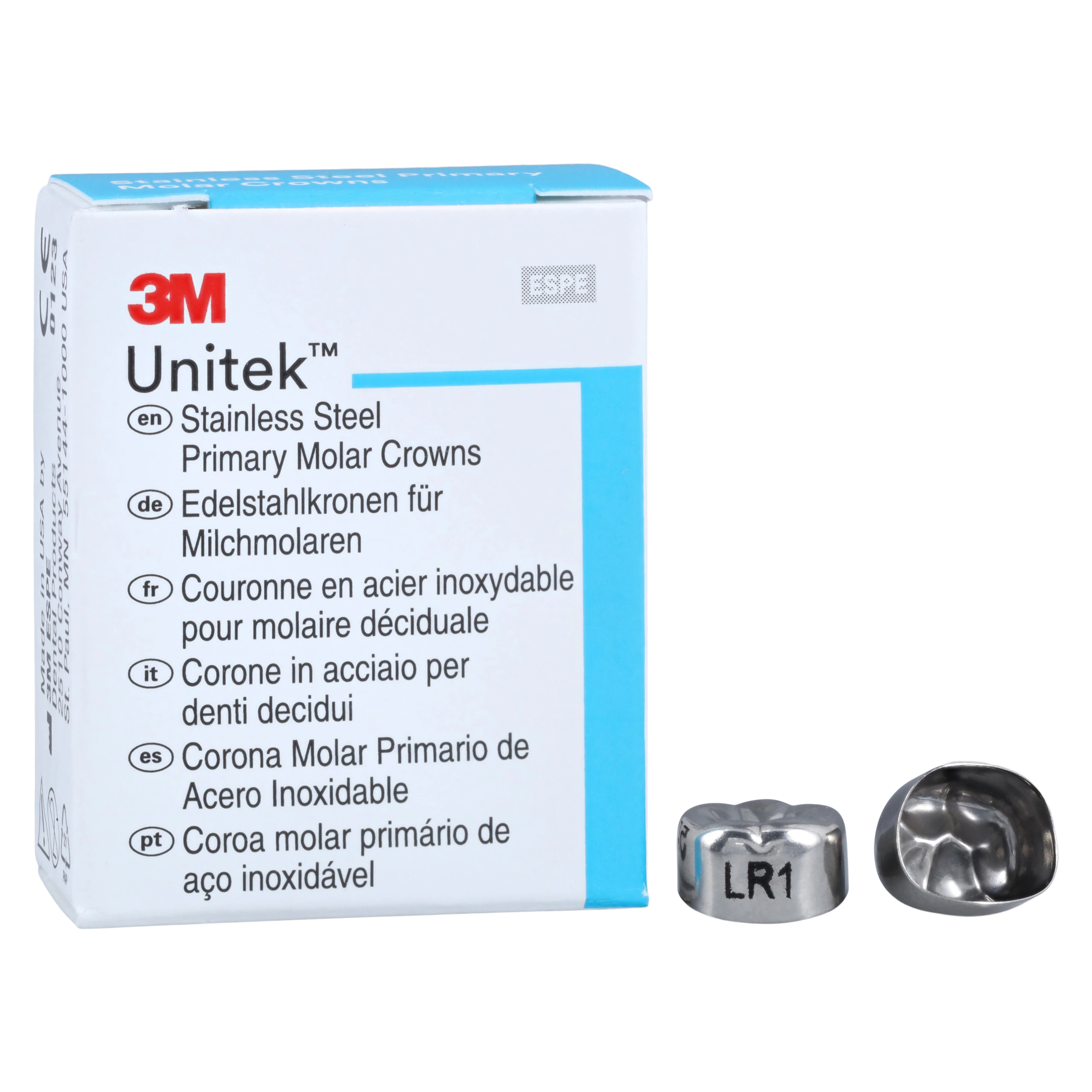 3M Unitek Stainless Steel Primary Molar Crowns, Lower Right Second Primary Molar, Size 1 (2LR1), 5/Box, 900241