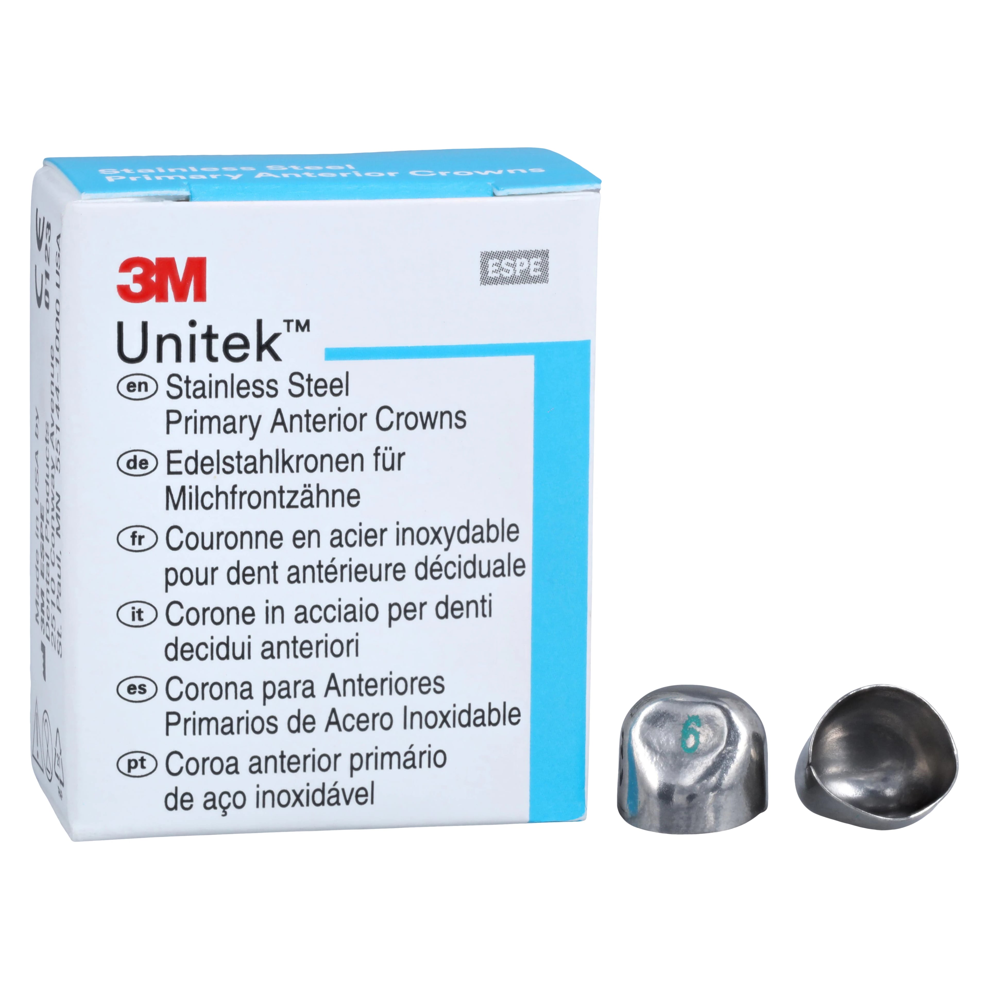 3M Unitek Stainless Steel Primary Anterior Crowns, Upper Cuspid, Size 6U, 5/Box, 907046