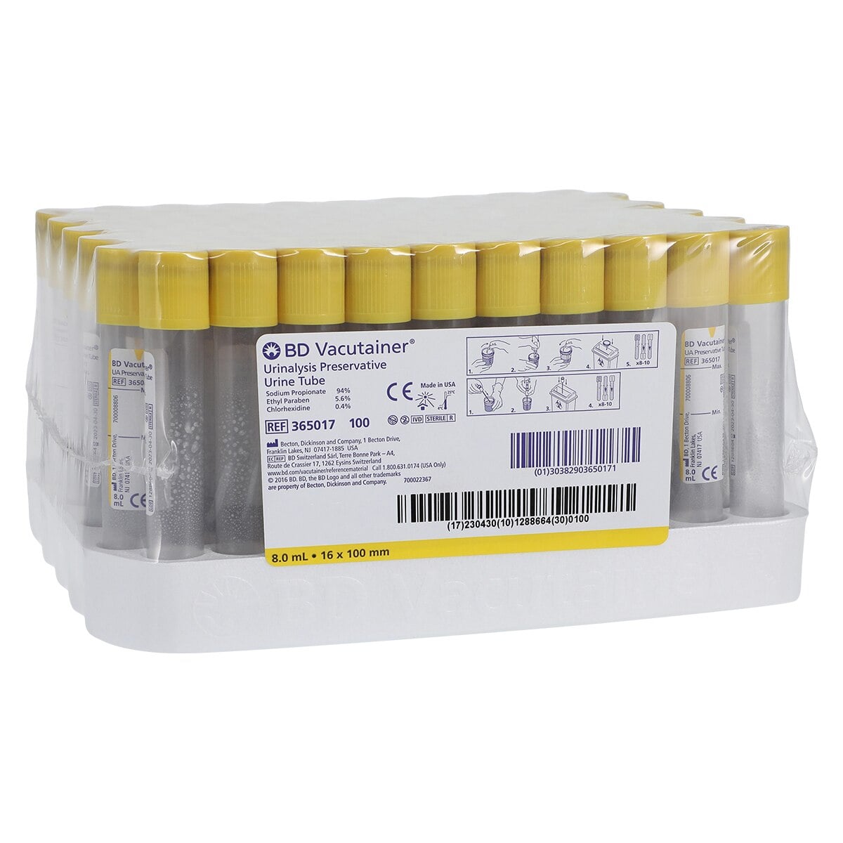 BD Vacutainer Urinalysis Tube, 8 mL, Yellow Cap, Clear, 16x100mm, Non-Sterile, Bulk, 100/Box