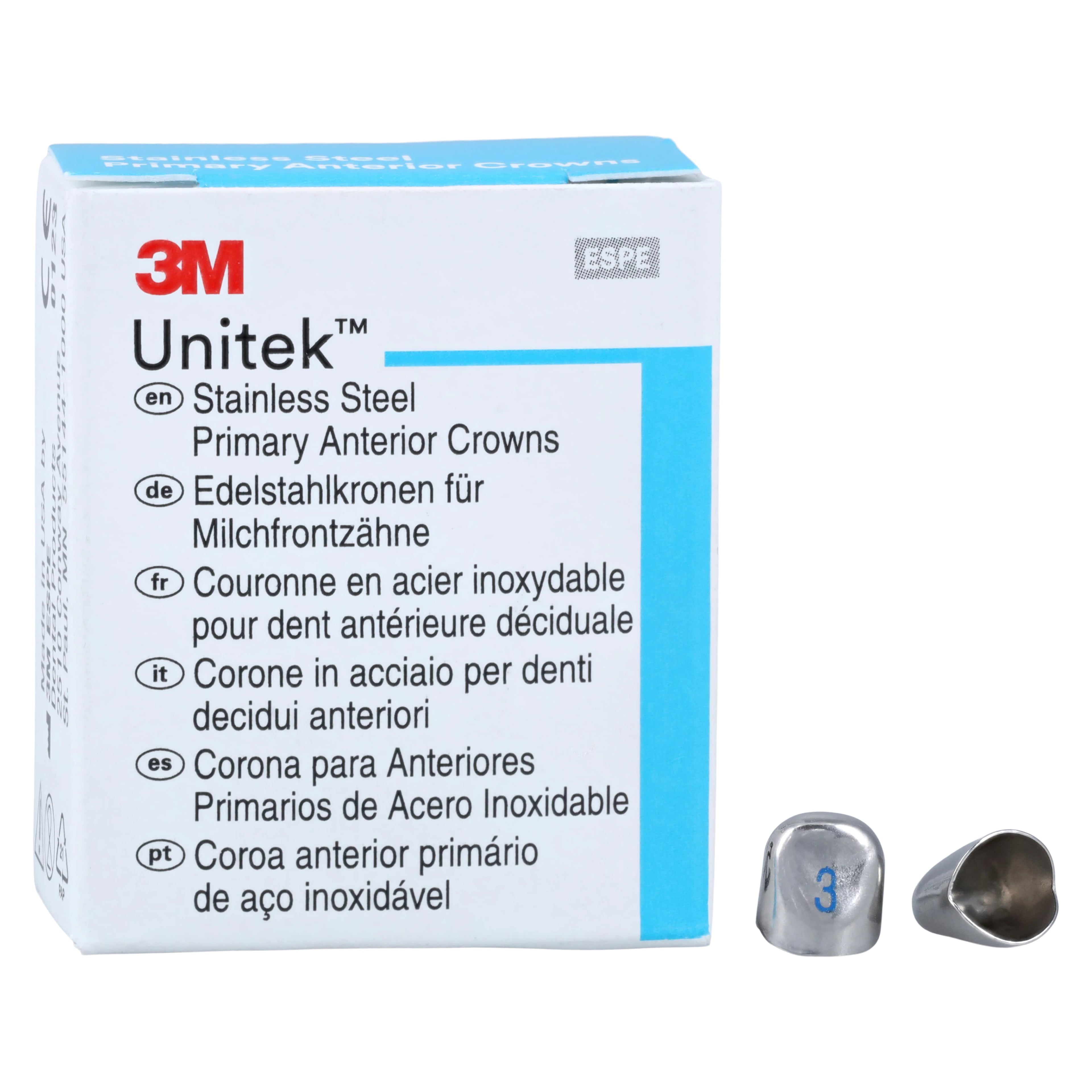 3M Unitek Stainless Steel Primary Anterior Crowns, Lower Cuspid, Size 3L, 5/Box, 907053