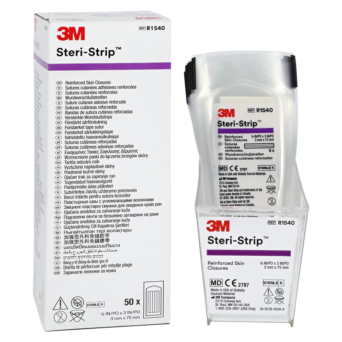 3M Steri-Strip Adhesive Skin Closures, Reinforced, 1/8" x 3", White, 50/Box, R1540