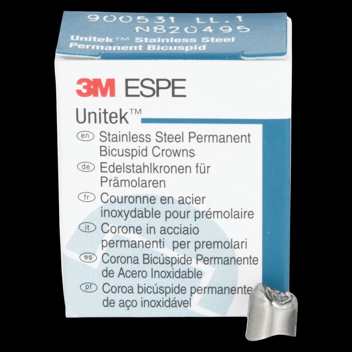 3M Unitek Permanent Stainless Steel Crown, Lower Left First Bicuspid, Size 1 (1LL), 5/Box, 900531