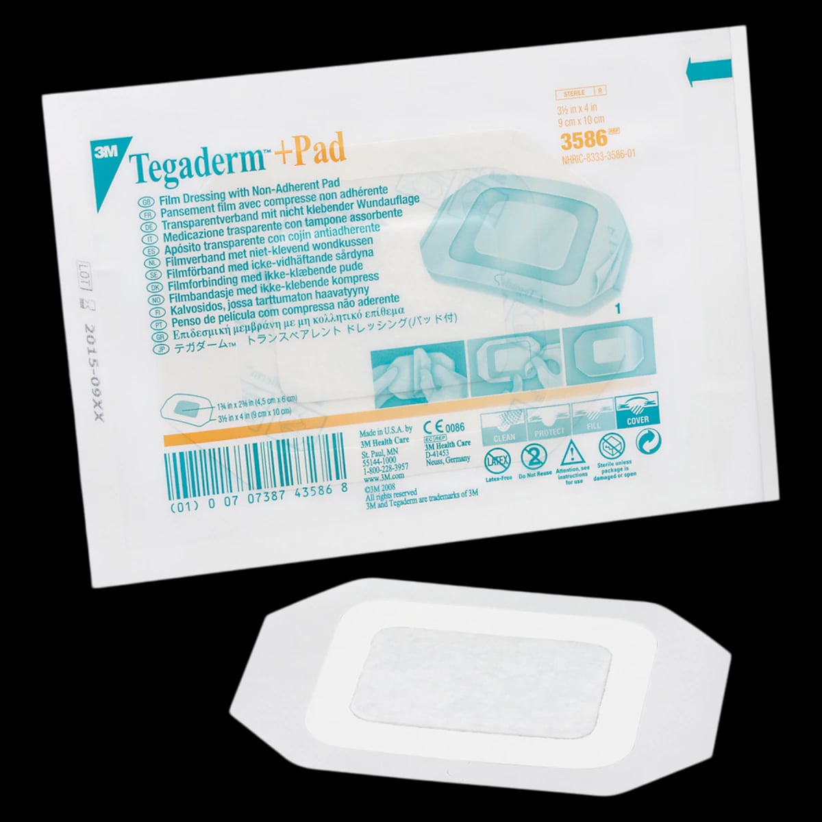 Tegaderm+Pad Film Island Dressing, 3-1/2" x 4", Adhesive, Non-Adherent, Transparent, Latex-Free