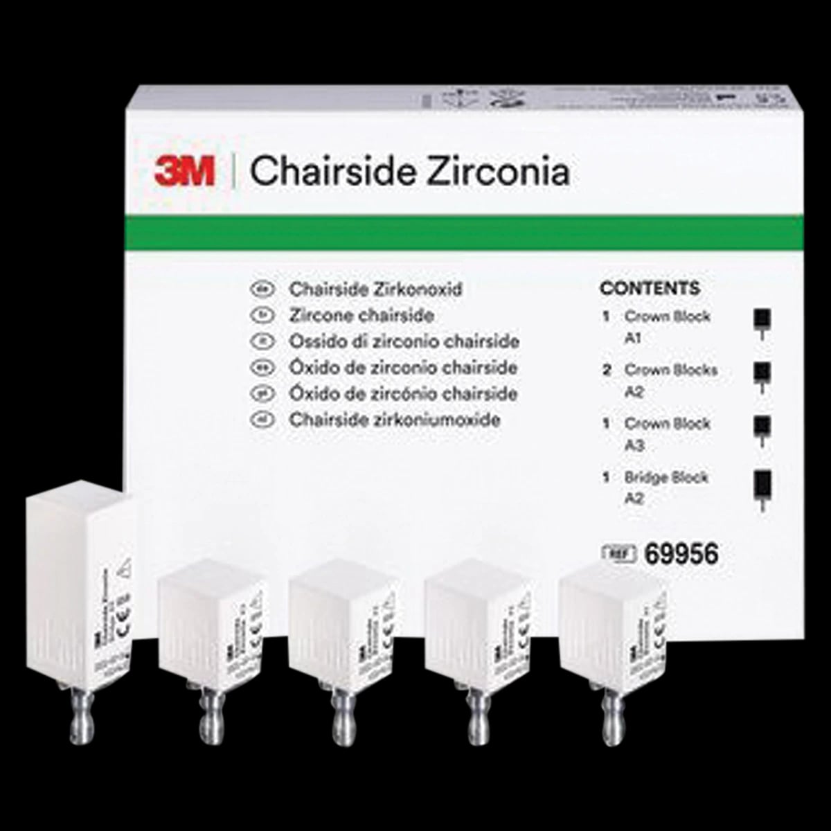 3M (Solventum) Chairside Zirconia CEREC Intro Kit, 4 x 20 mm Crown Blocks (A1, 2xA2, A3) & 1 x 39 mm Bridge Block (A2), 69956