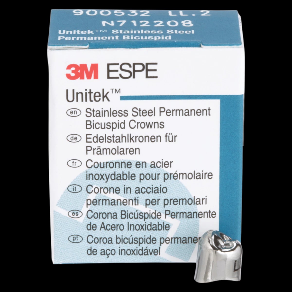 3M Unitek Permanent Stainless Steel Crowns, Lower Left First Bicuspid, Size 2 (2LL), 5/Box, 900532