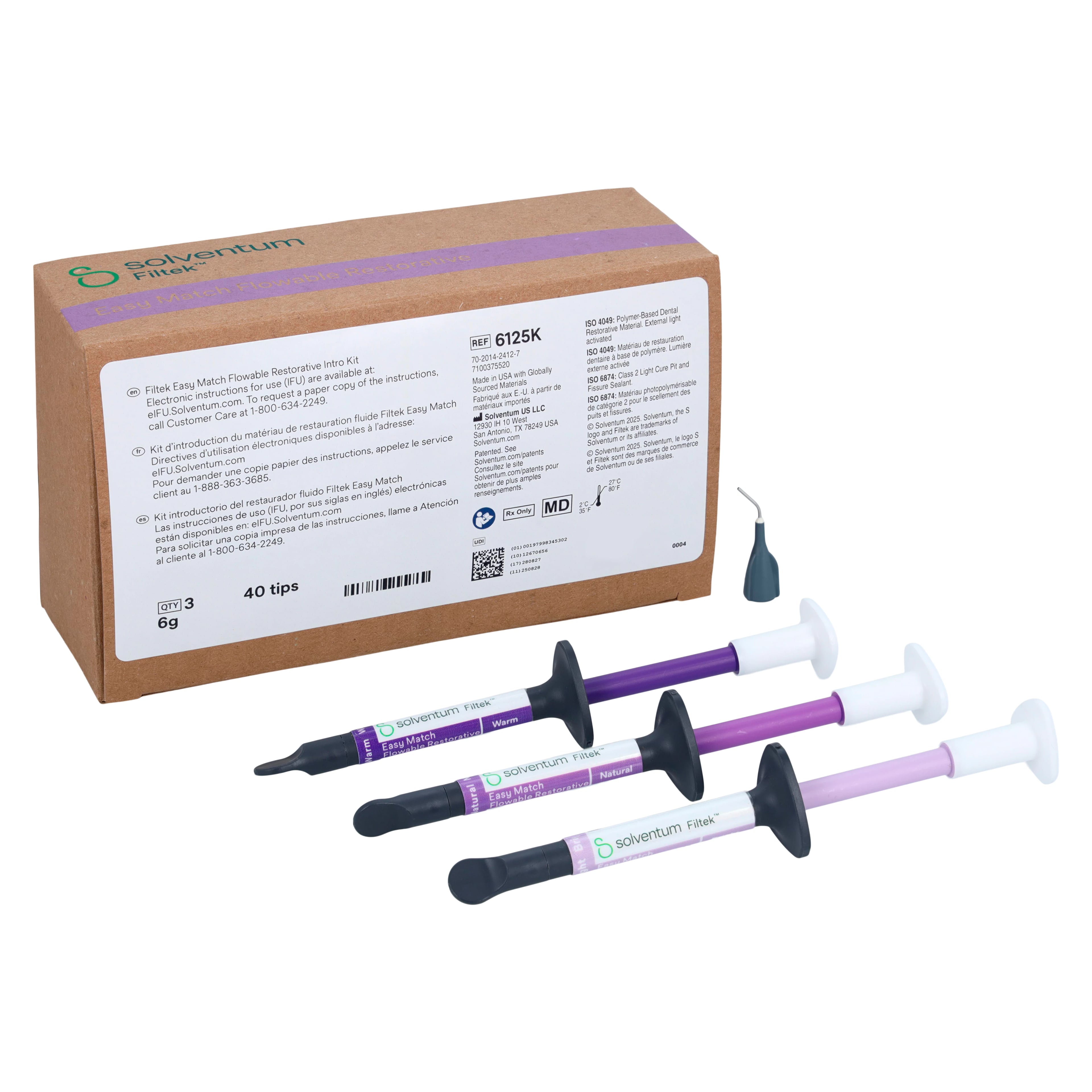 Solventum™ Filtek™ Easy Match Flowable Restorative Syringe Intro Kit, 3 x 2g Syringes (Bright, Natural, Warm), #6125K