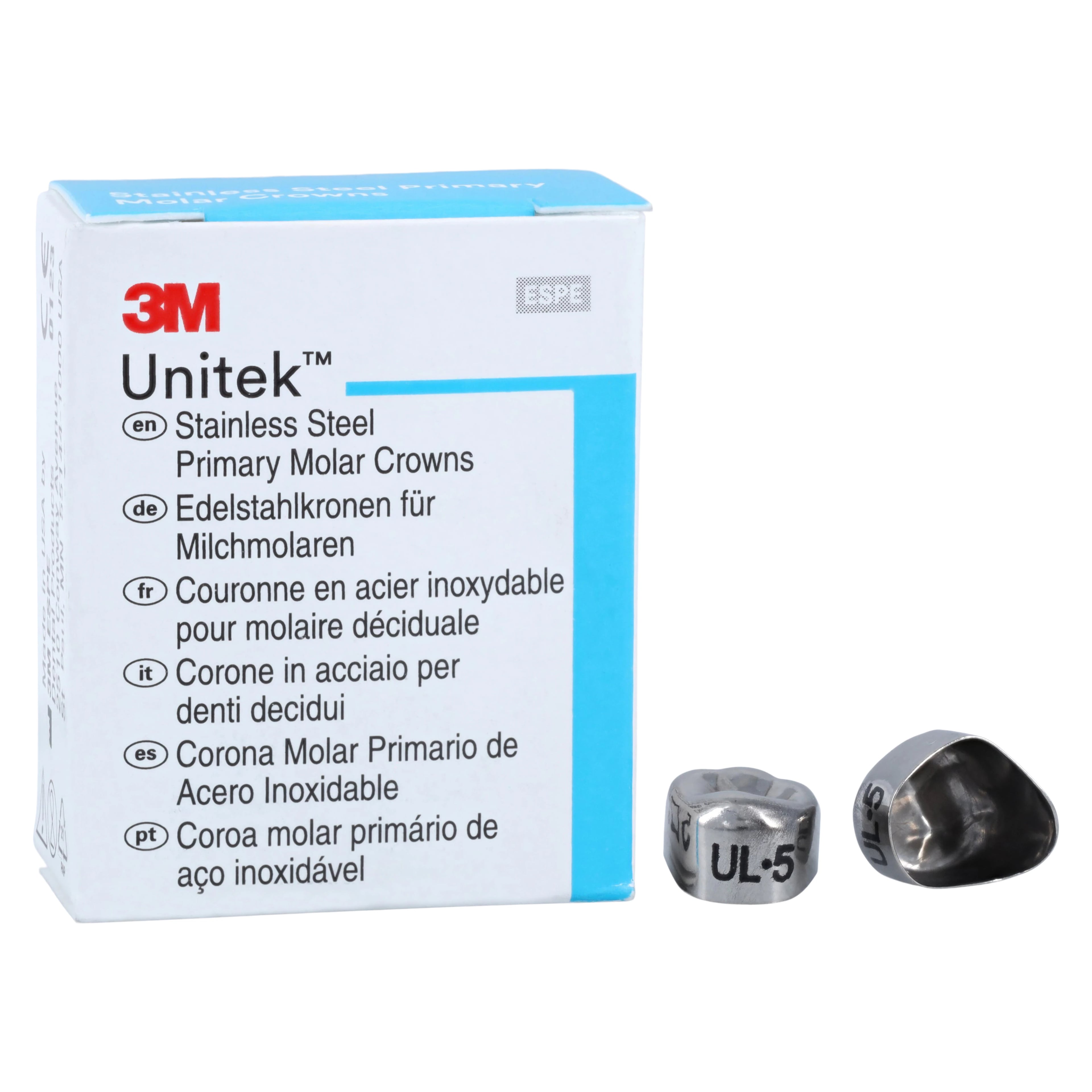 3M Unitek Stainless Steel Primary Molar Crowns, Upper Left First Molar, Size 5 (UL5), 5/Box, 900115