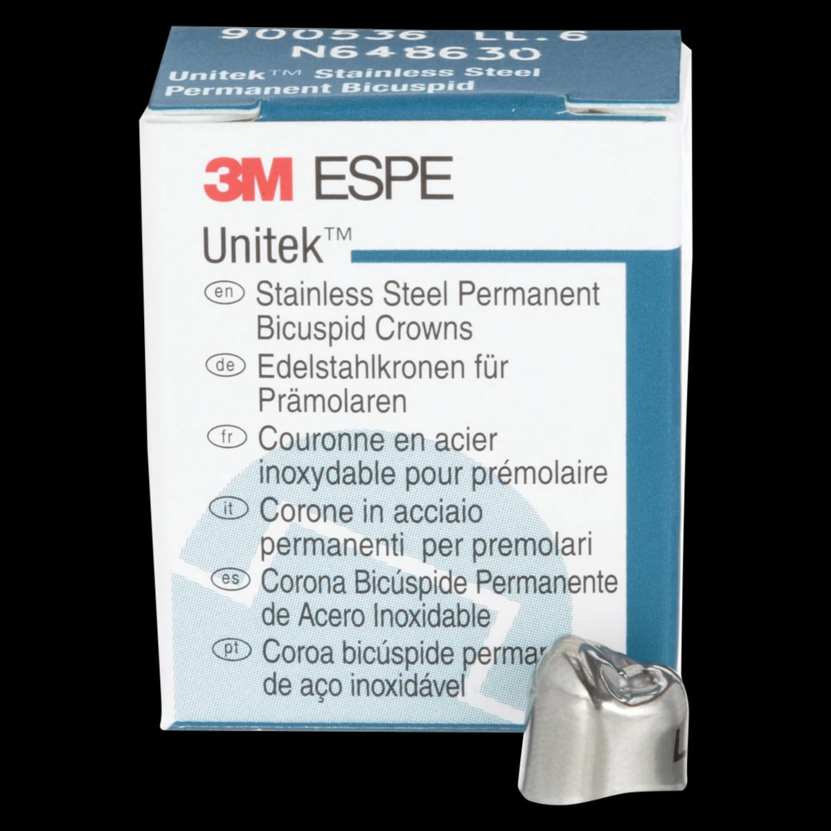 3M Unitek Stainless Steel Permanent Bicuspid Crown, Lower Left First Bicuspid, Size 6 (6LL), 5/Box, 900536