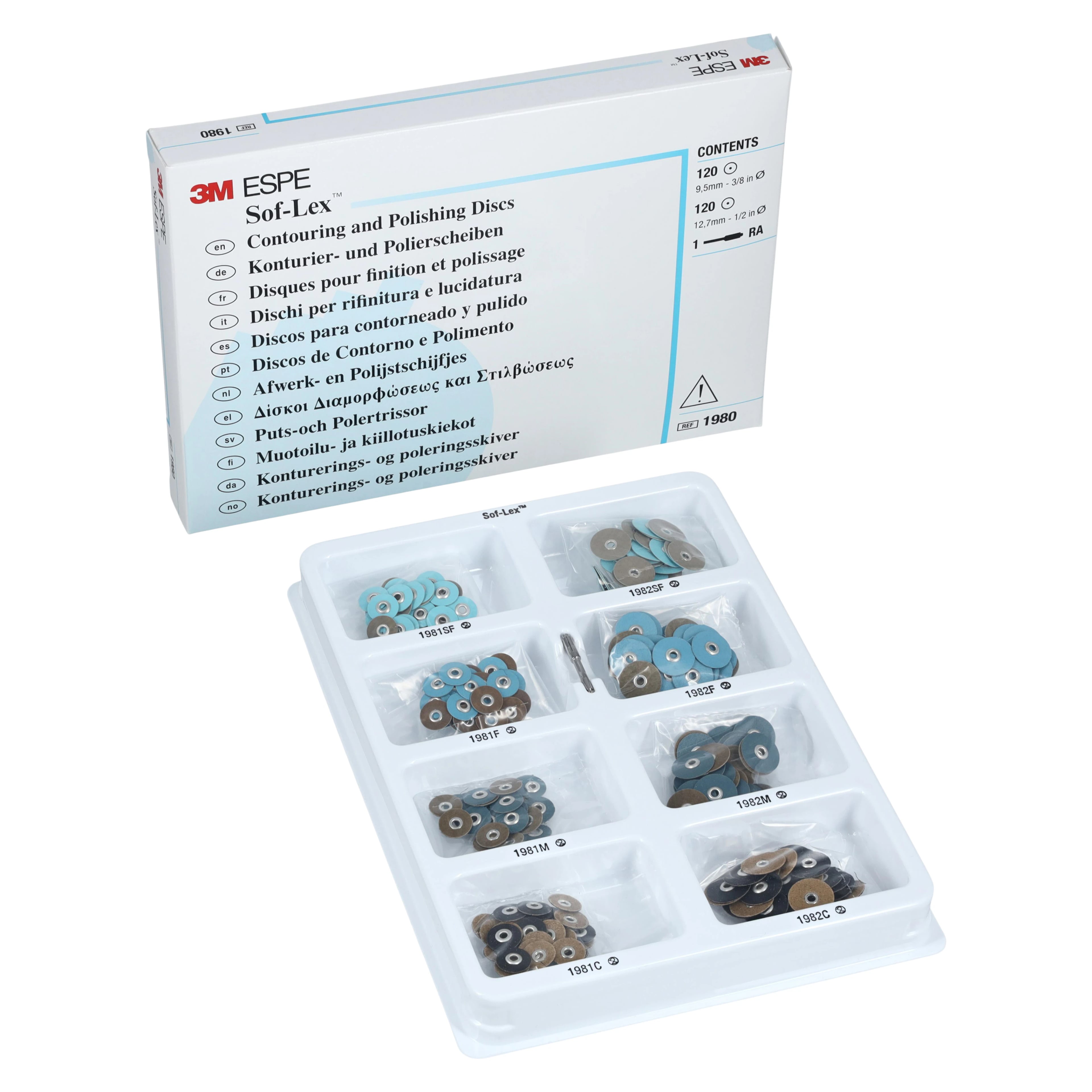 3M™ Sof-Lex™ Contouring and Polishing Discs Kit, Pop-On, Assorted Grits, 3/8" and 1/2" Diameters, 1 RA Mandrel, 1980