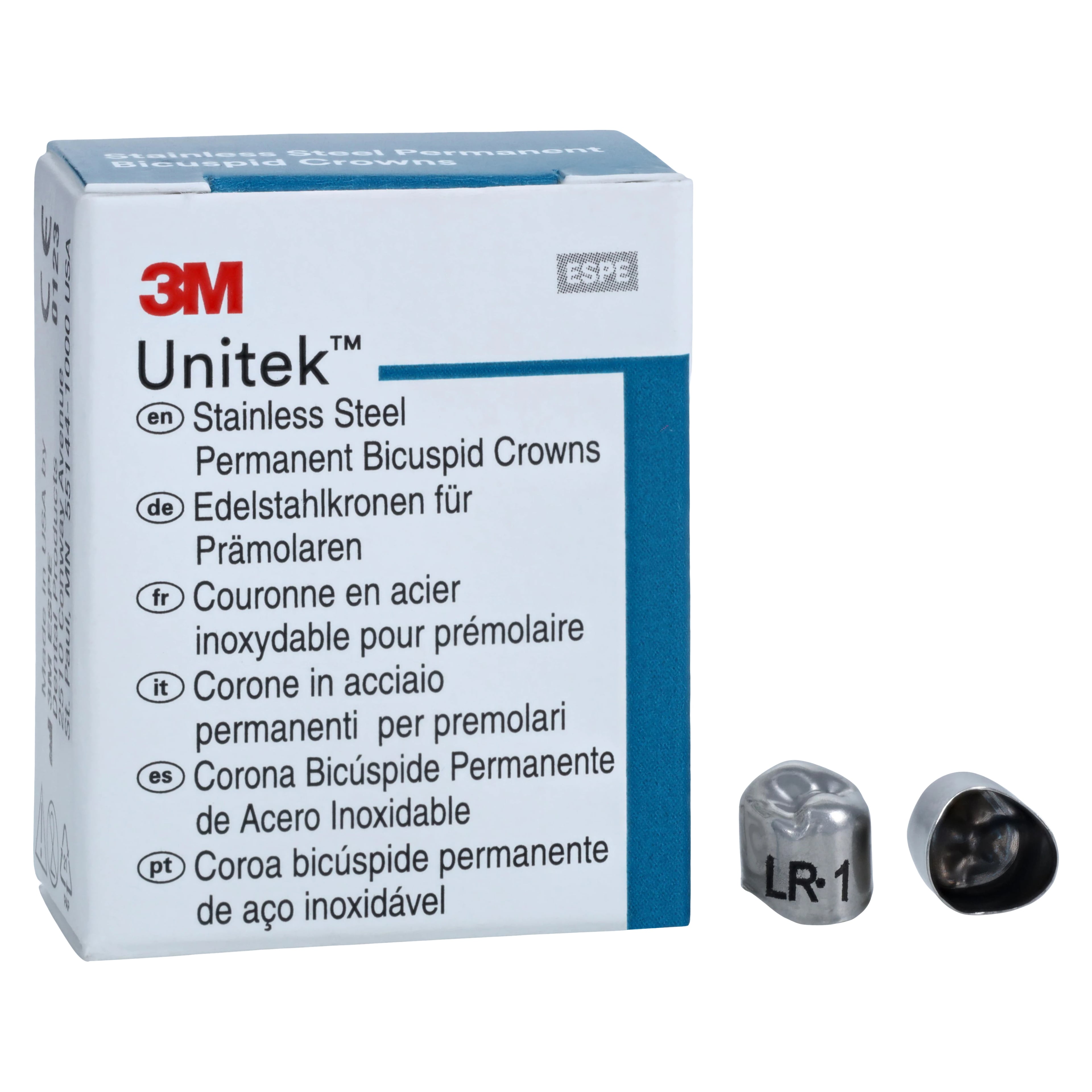 3M Unitek Stainless Steel Permanent Bicuspid Crown, Lower Right First Bicuspid, Size 1LR, 5/Box, 900541