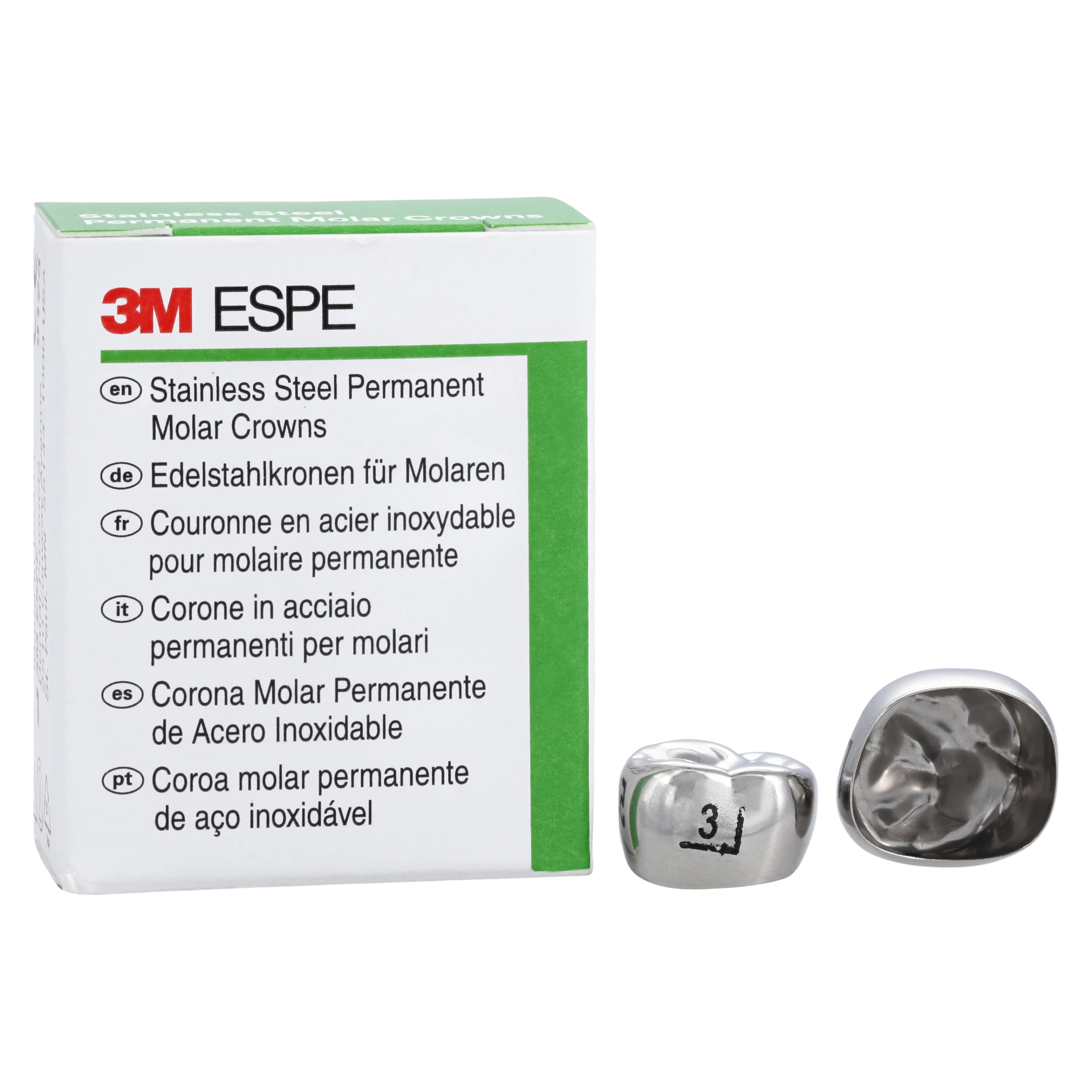 3M™ ESPE™ Stainless Steel Permanent Molar Crown, Size 3, Upper Right First Permanent Molar, 5/Box, 6UR3