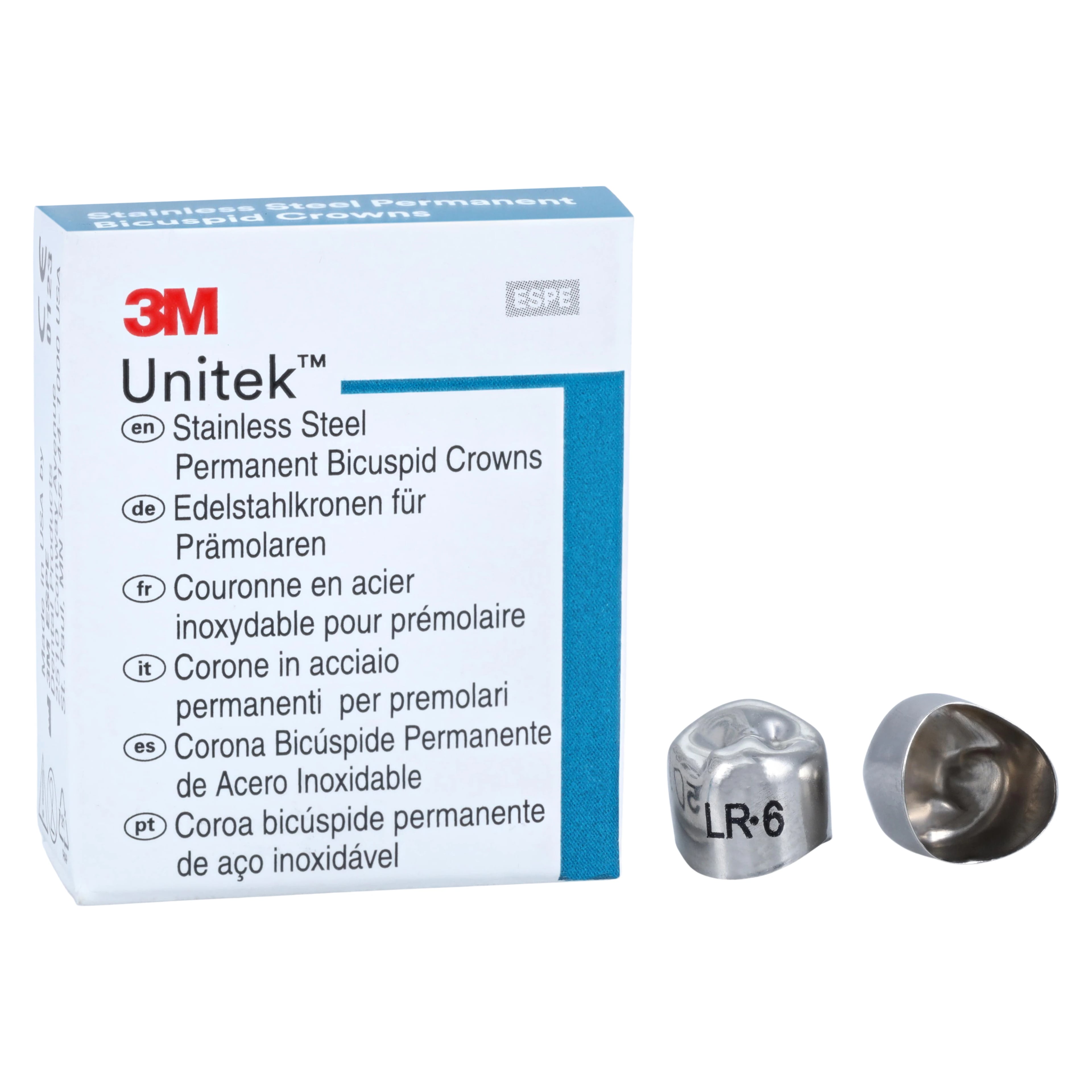 3M Unitek Stainless Steel Permanent Bicuspid Crown, Lower Right First Bicuspid, Size 6 (6LR), Refill Box of 5, 900546