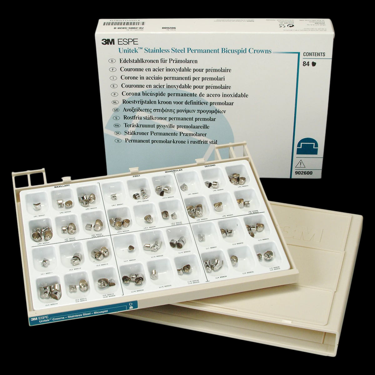 3M Unitek Stainless Steel Permanent Bicuspid Crown Assortment Set, 84/Pk, 902600