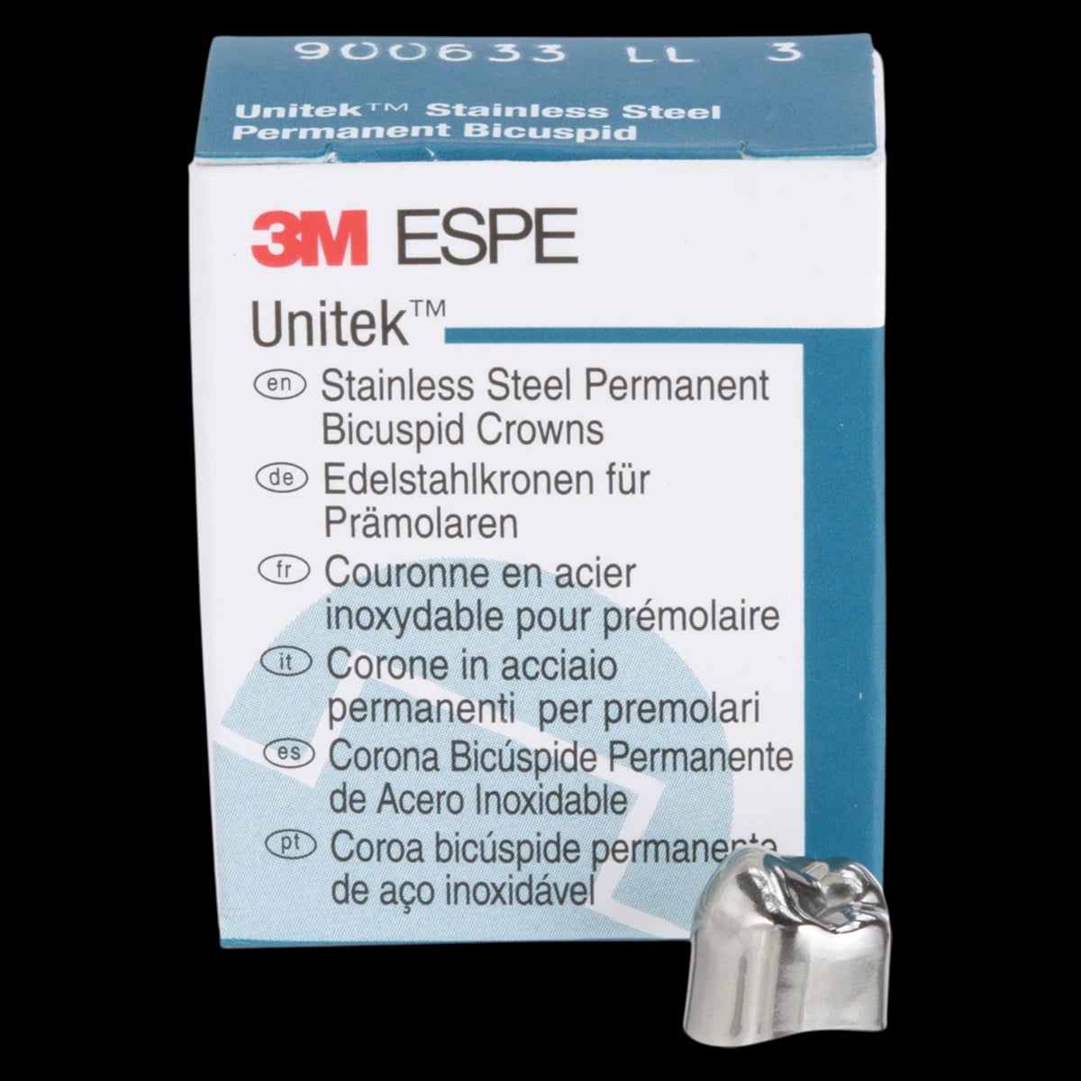 3M Unitek Stainless Steel Permanent Bicuspid Crown, Lower Left Second Bicuspid, Size 3LL, Box of 5, 900633