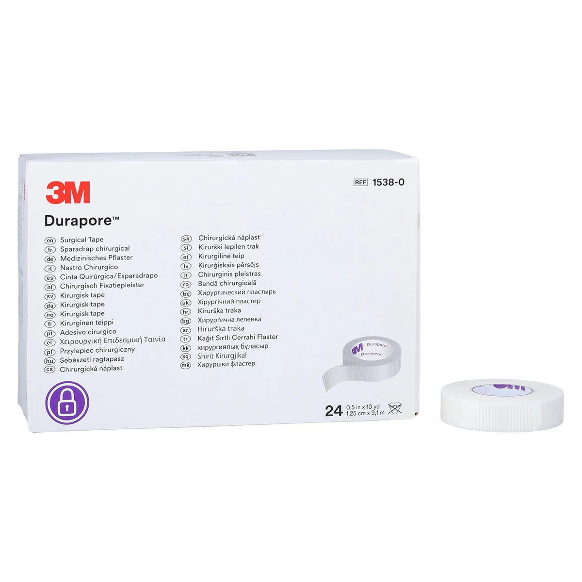 3M Durapore Surgical Tape, Silk-like Fabric, 1/2" x 10 yds, White, Non-Sterile, 24 Rolls/Box, 1538-0
