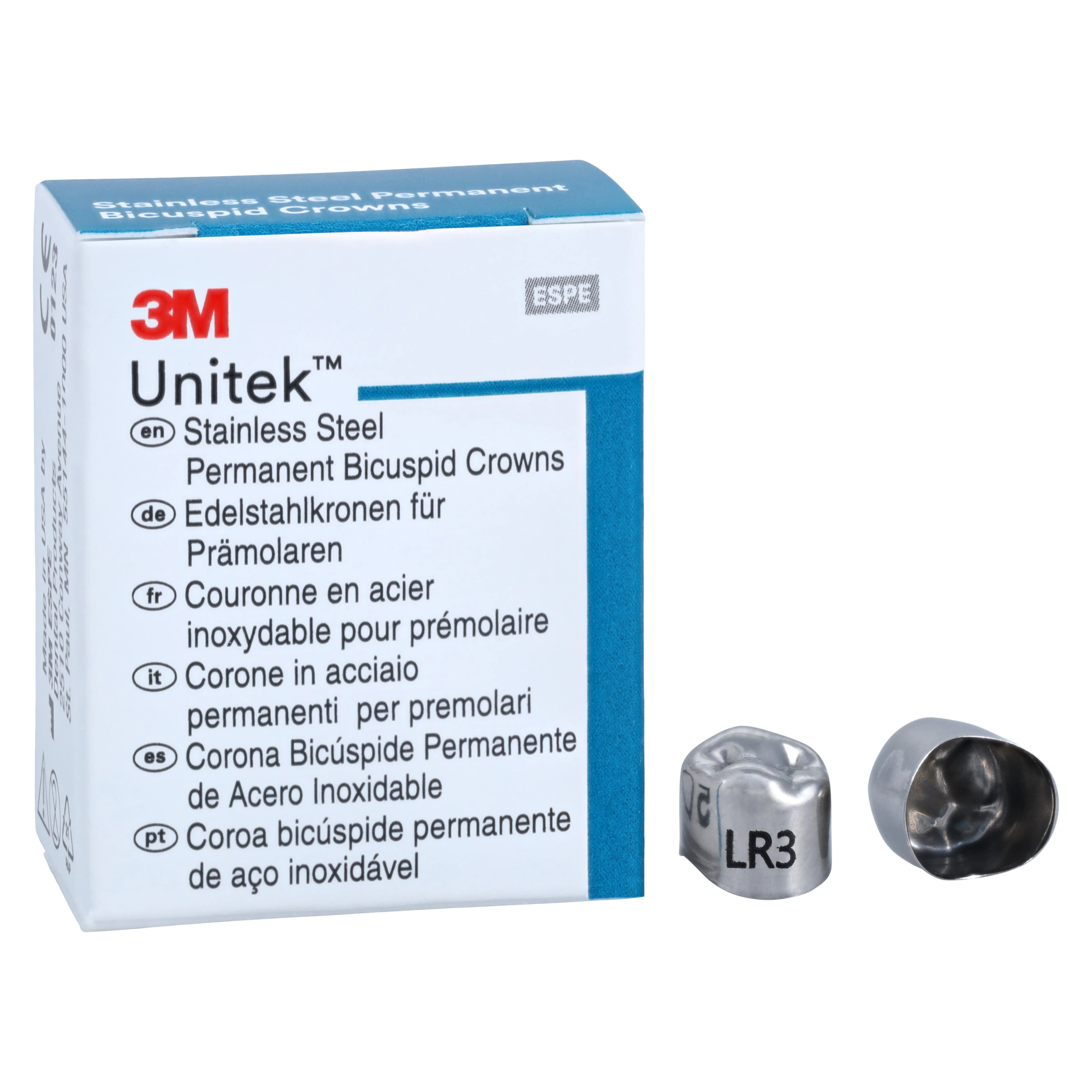 3M Unitek Stainless Steel Permanent Bicuspid Crown, Lower Right Second Bicuspid, Size 3 (3LR), 5/Box, 900643