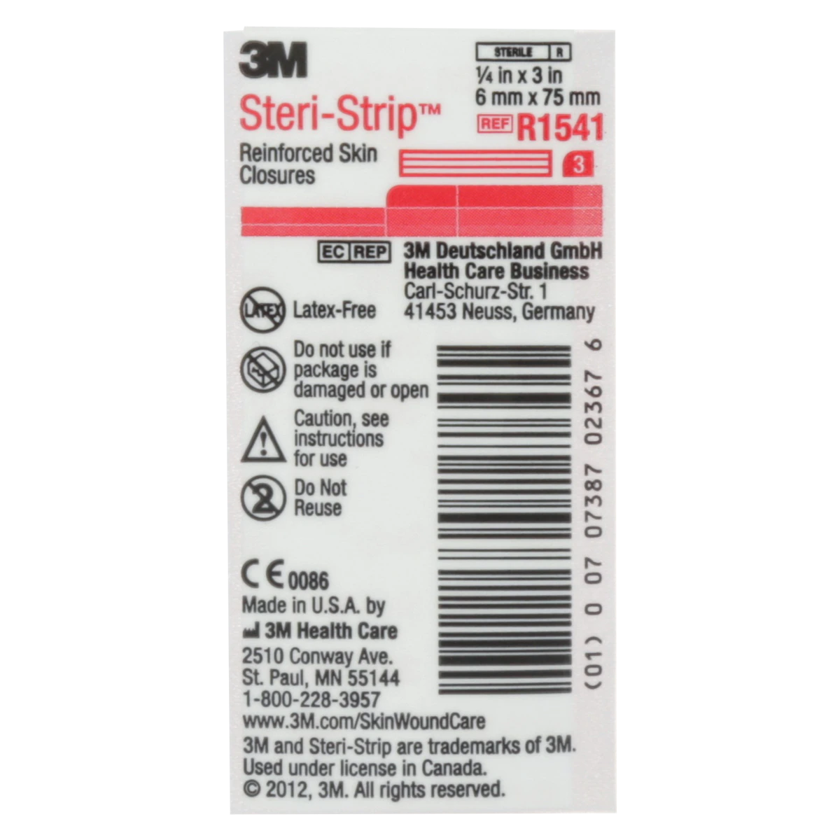 3M Steri-Strip Adhesive Skin Closures, Reinforced, 1/4" x 3", 50/Box, R1541
