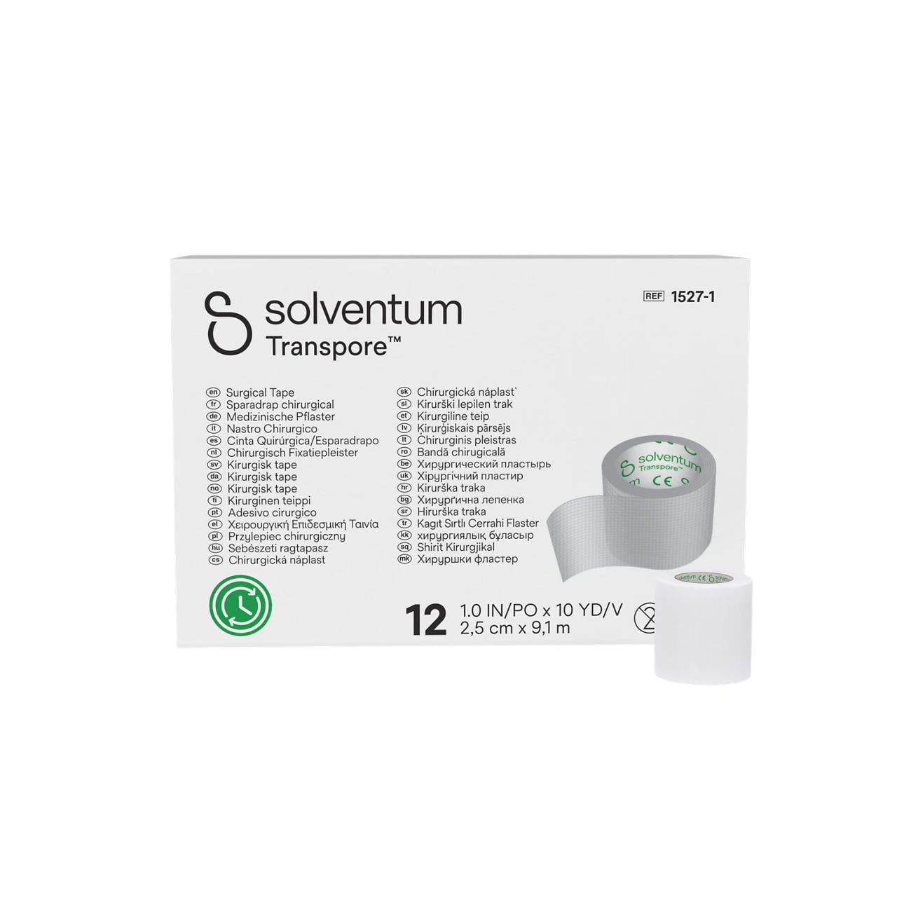 3M Transpore Hypoallergenic Surgical Tape, Non-Sterile, 1" x 10 yd, 12 Rolls/Box, 1527-1