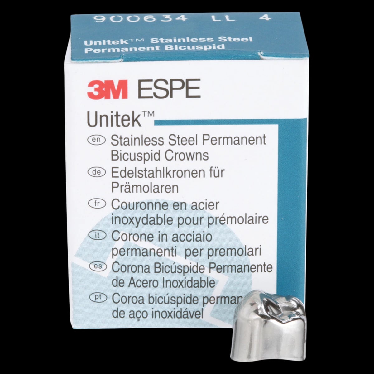 3M Unitek Stainless Steel Permanent Bicuspid Crown, Lower Left Second Bicuspid, Size 4 (4LL), 5/Box, 900634