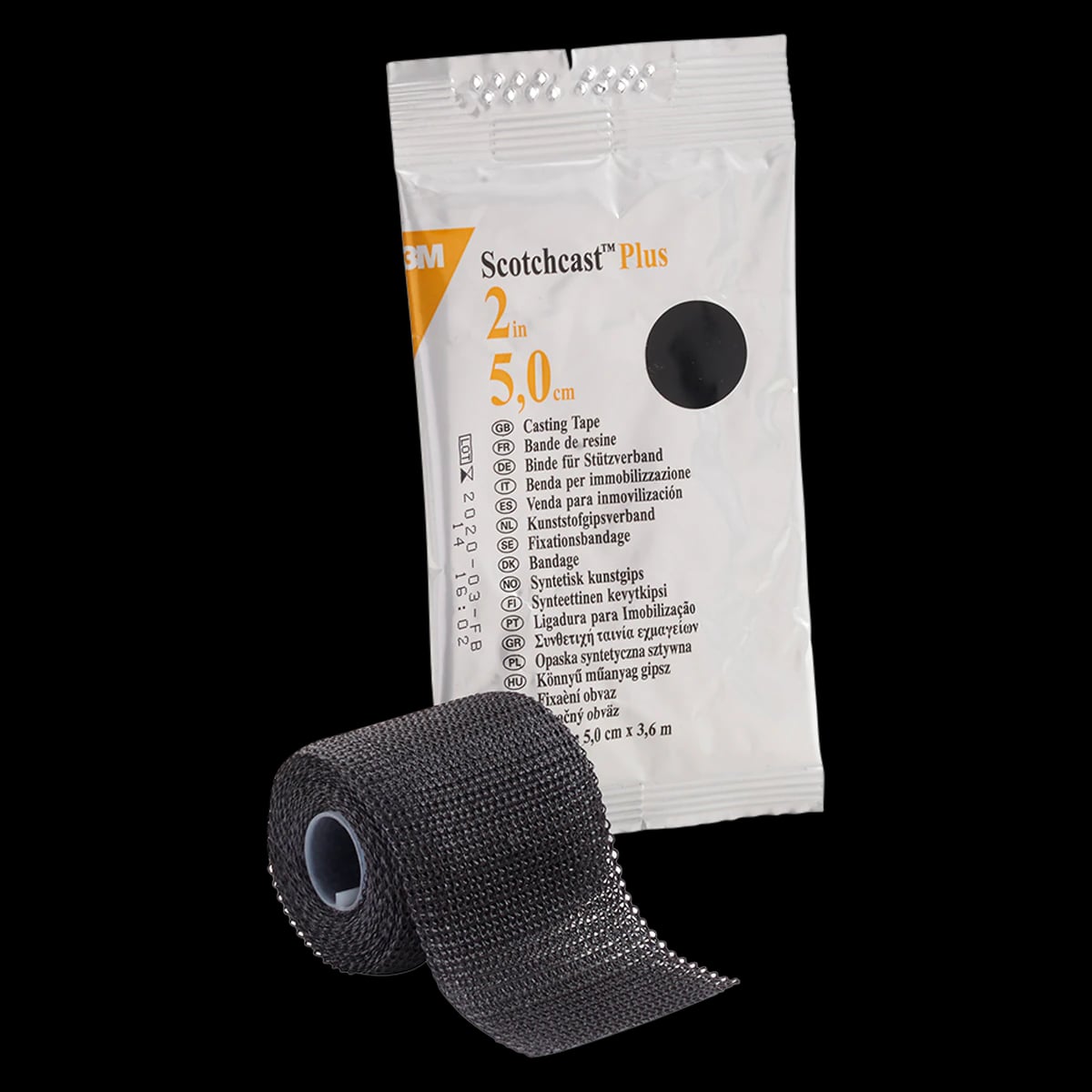 3M Scotchcast Plus Fiberglass Casting Tape, 2" x 4 yds, Black, 10/Case, 82002A