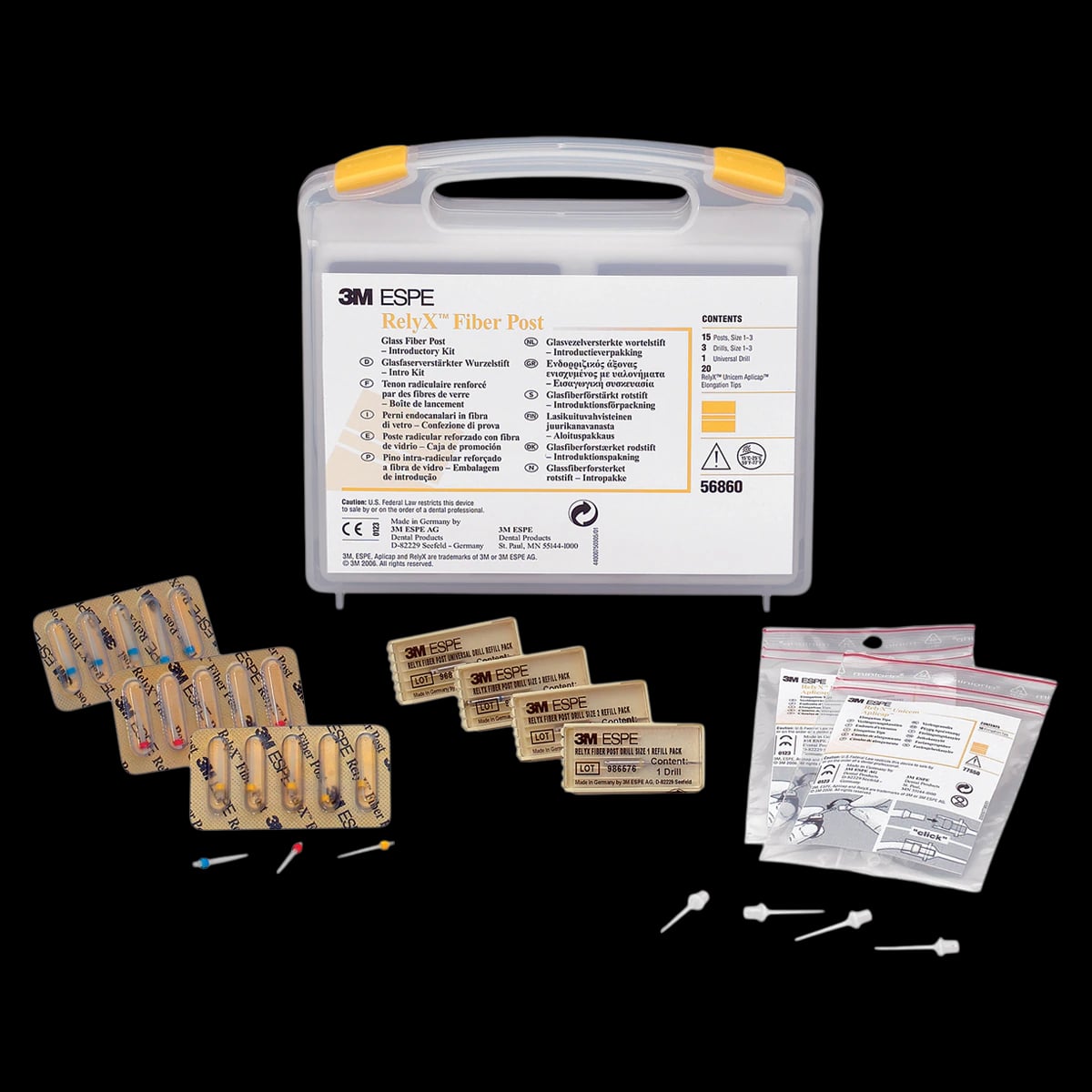 3M RelyX Fiber Post Intro Kit, 56860, 15 Posts (5 Each Size 1/2/3), 4 Drills, 20 Elongation Tips