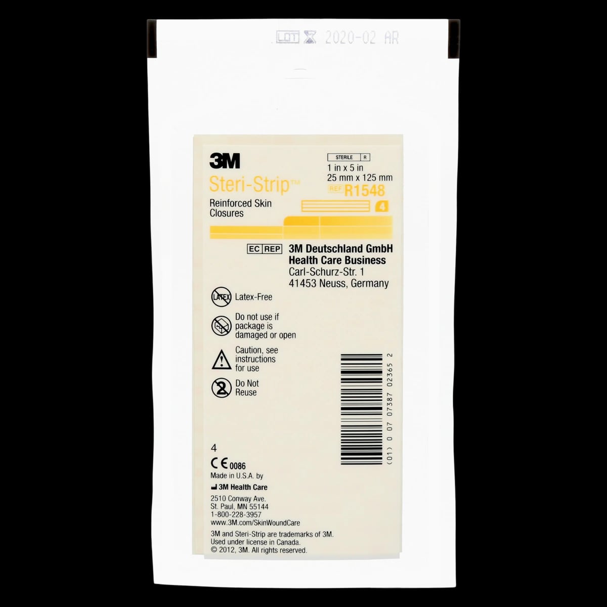 3M Steri-Strip Adhesive Skin Closures, Reinforced, 1" x 5", White, Sterile, 25/Box, R1548