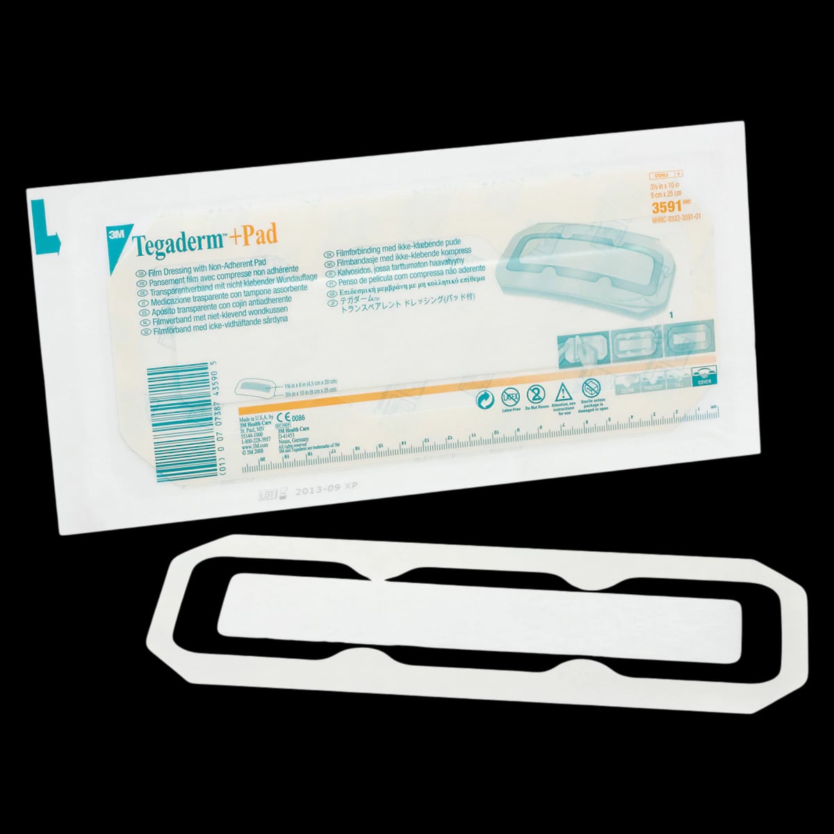 Tegaderm+Pad Film Island Dressing, 3-1/2x10", Sterile, Non-Adherent, Transparent, Latex-Free