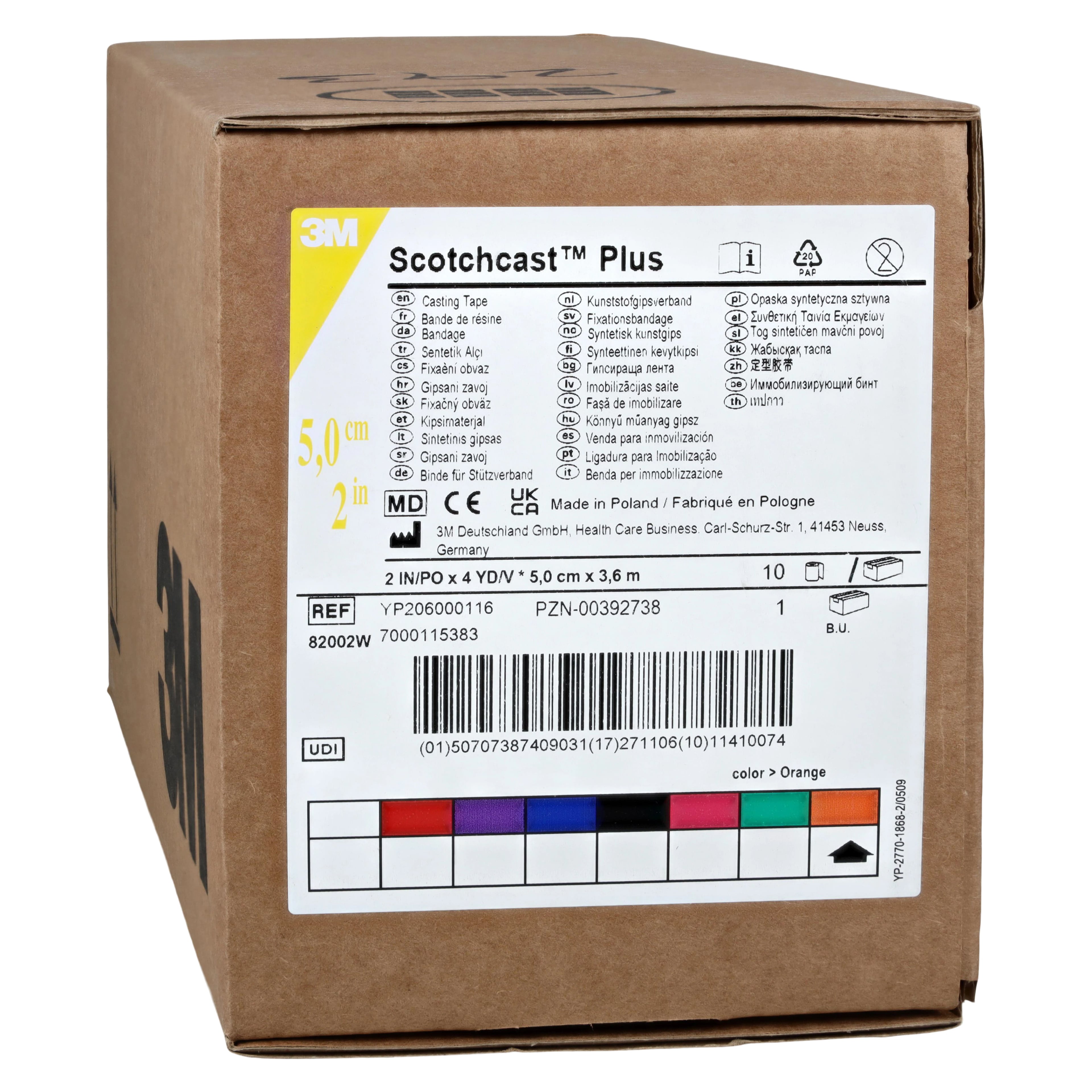 3M Scotchcast Plus Casting Tape, 2" x 4 yds, Bright Orange, 10/Case, 82002W