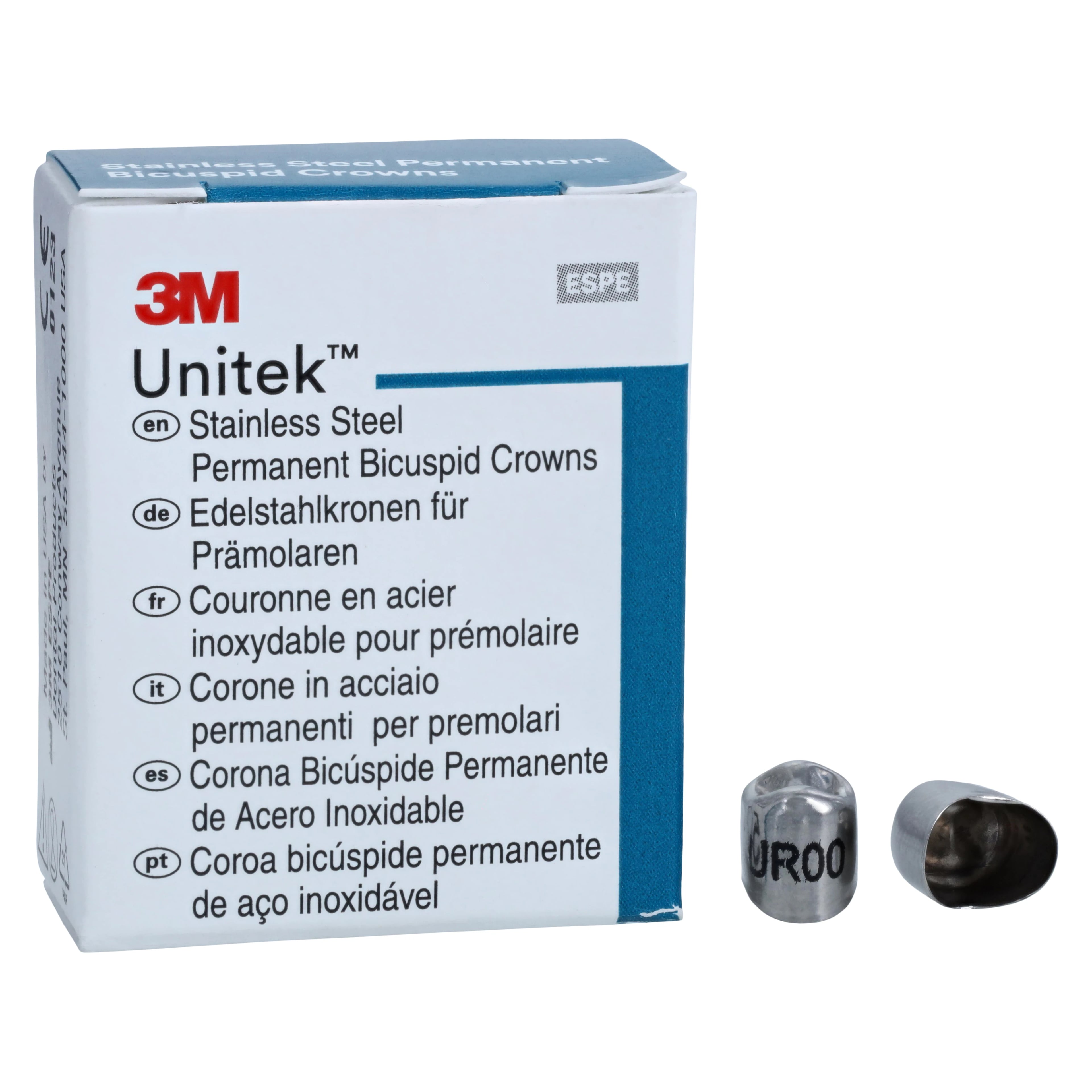 3M Unitek Stainless Steel Permanent Bicuspid Crown, Upper Right First Bicuspid, Size 00, 5/Box, 900519