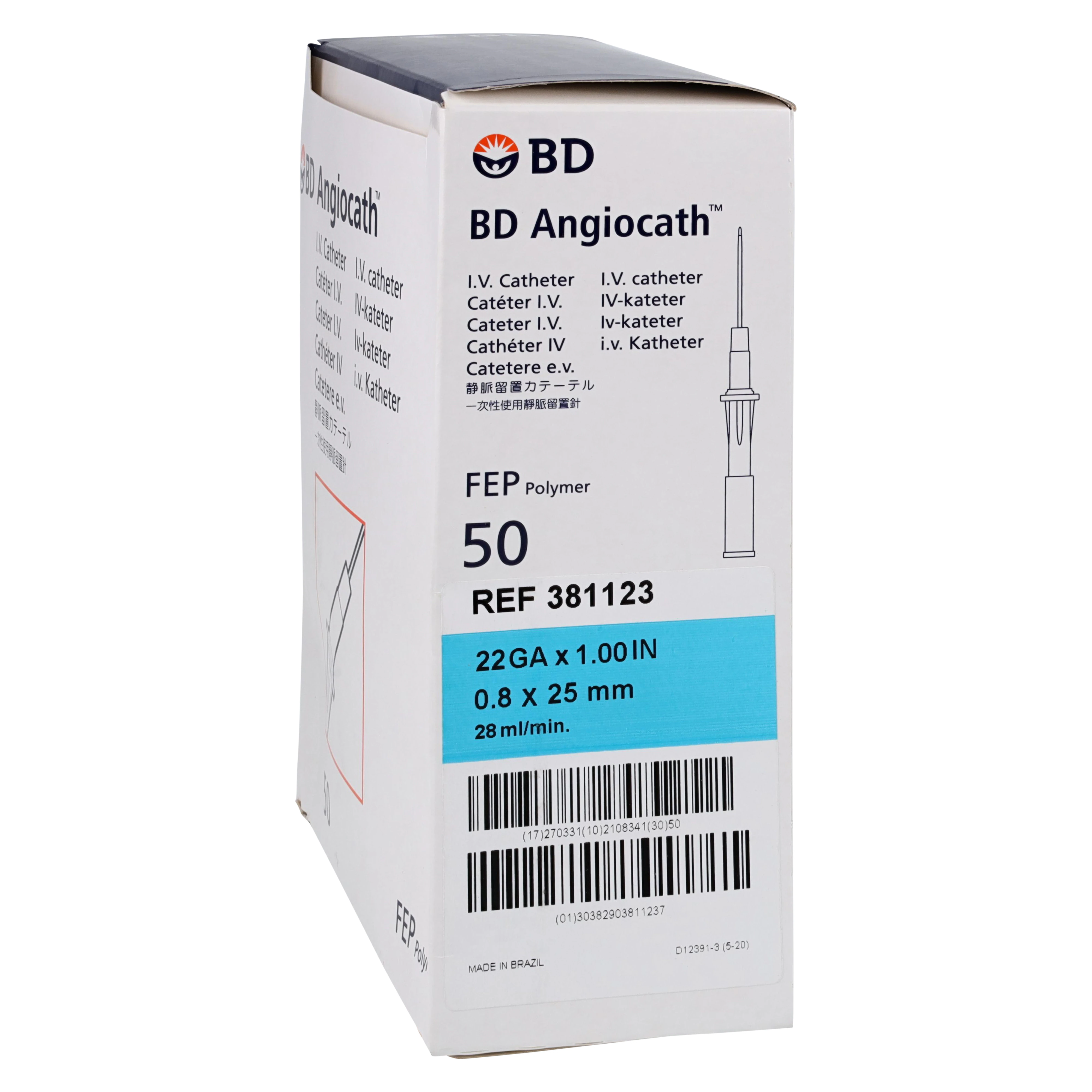 Angiocath Peripheral Venous Catheter, 22 Gauge, 1" Tapered Tip, Blue, Sterile, Latex-Free, 50/Box