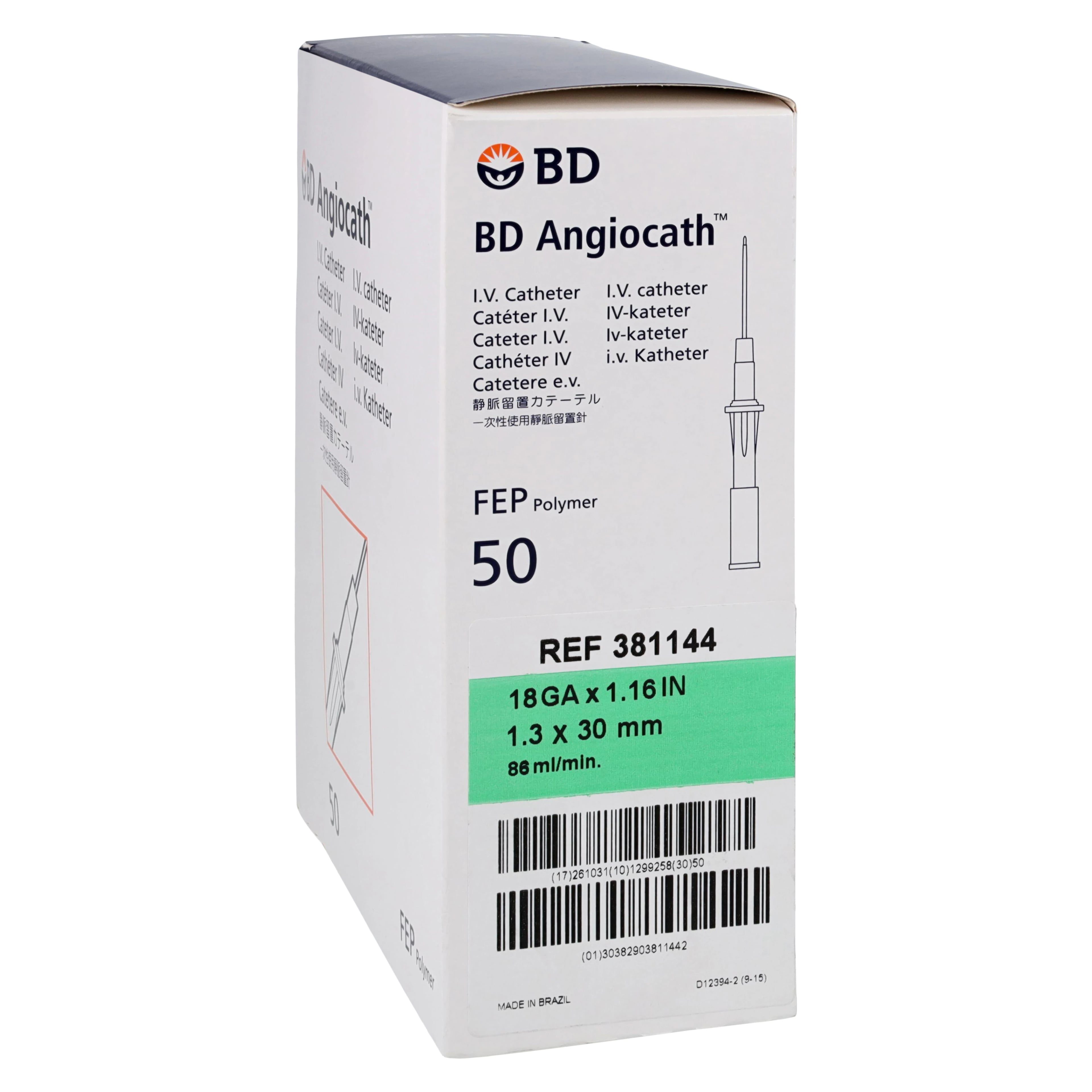 Angiocath Peripheral Venous Catheter, 18 Gauge, 1-3/20" (1.16"), Tapered Tip, Sterile, Green, 50/Box