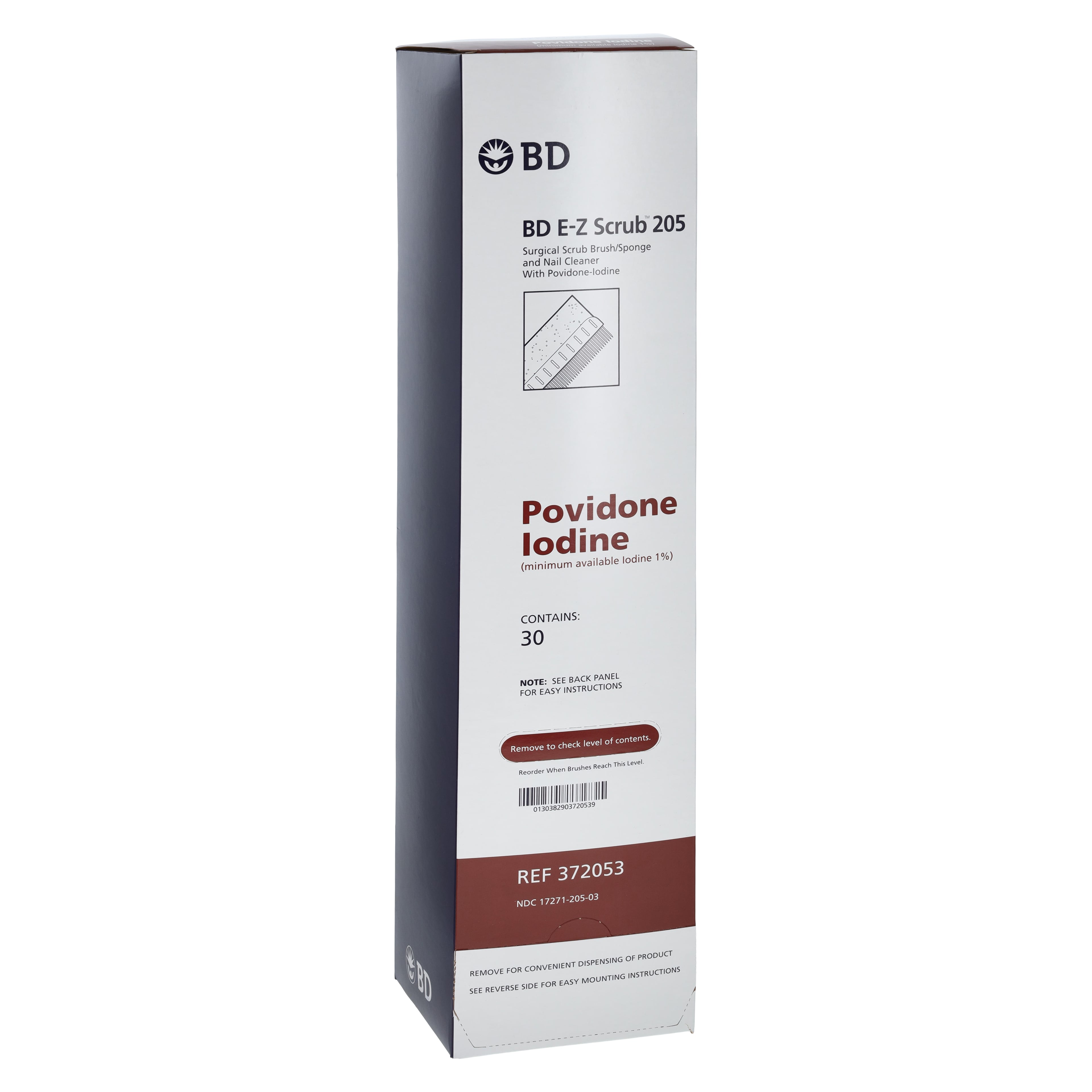 BD E-Z Scrub Surgical Scrub Brush with 1% Povidone-Iodine, Brown, Non-Sterile, 30/Pk, 10 Pk/Cs, 372053
