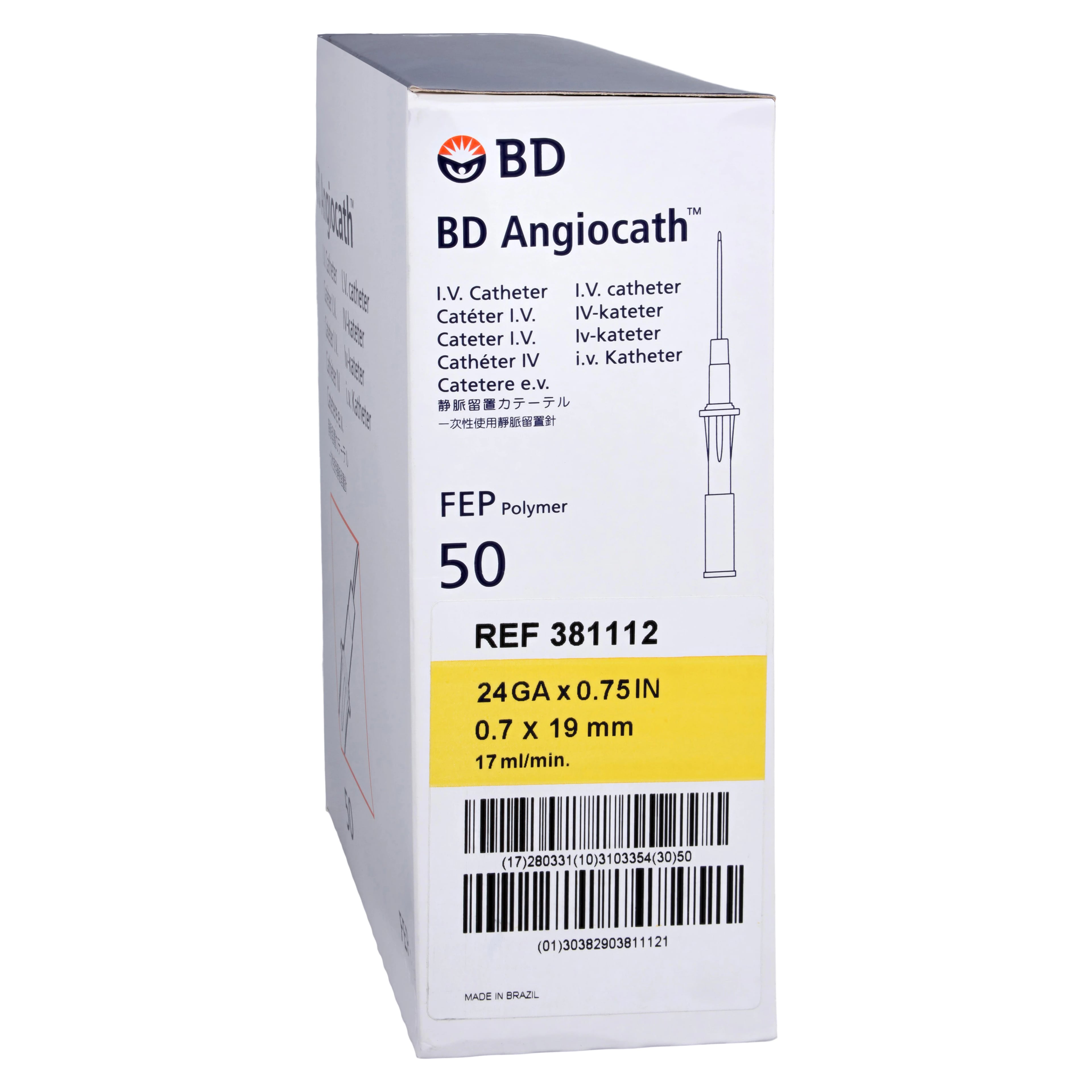 Angiocath Peripheral Venous Catheter, 24 Gauge, 3/4" Tapered Tip, Yellow, Sterile, Latex-Free, 50/Box