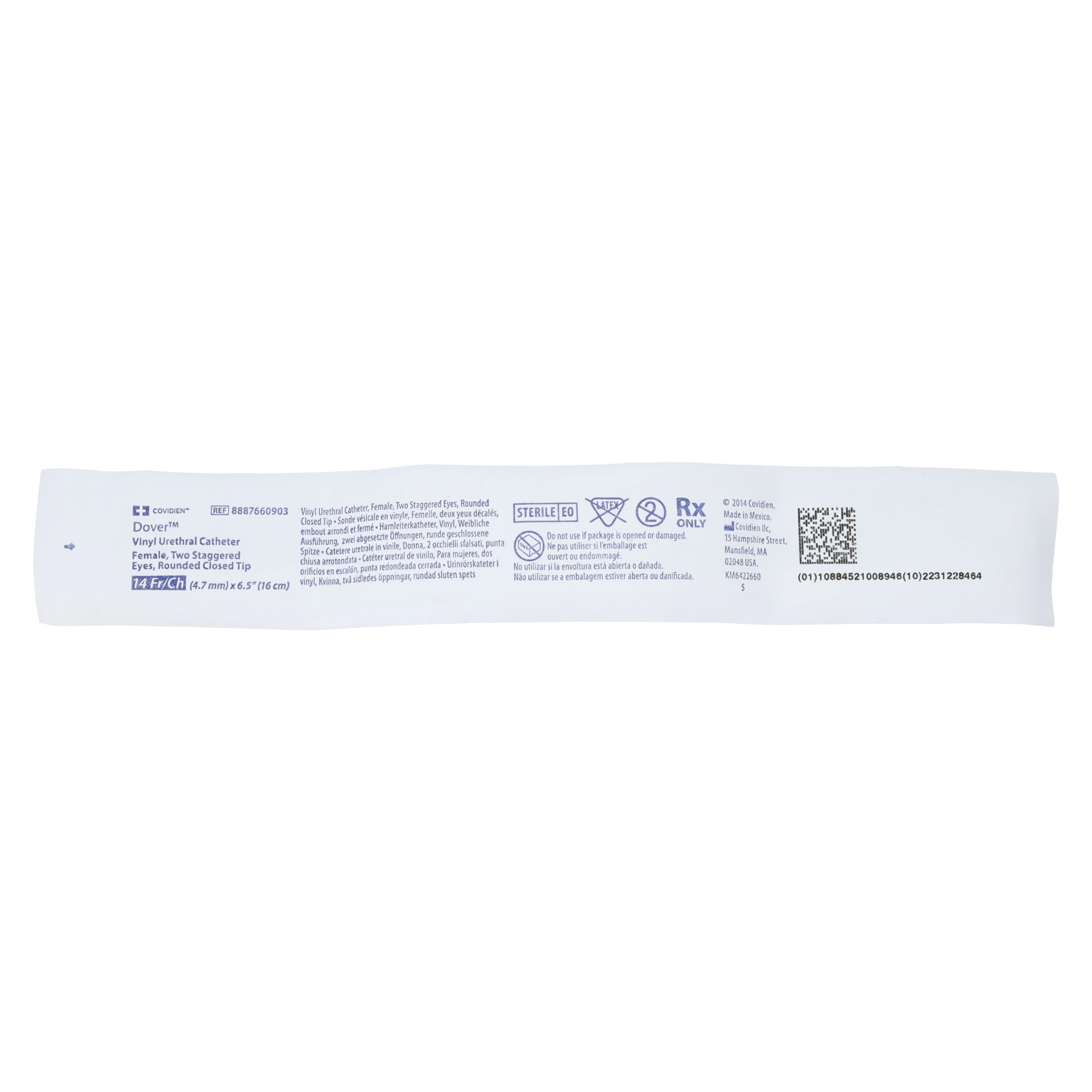 Dover Intermittent Catheter, Round Tip, Plastic, 14 Fr, Female Length