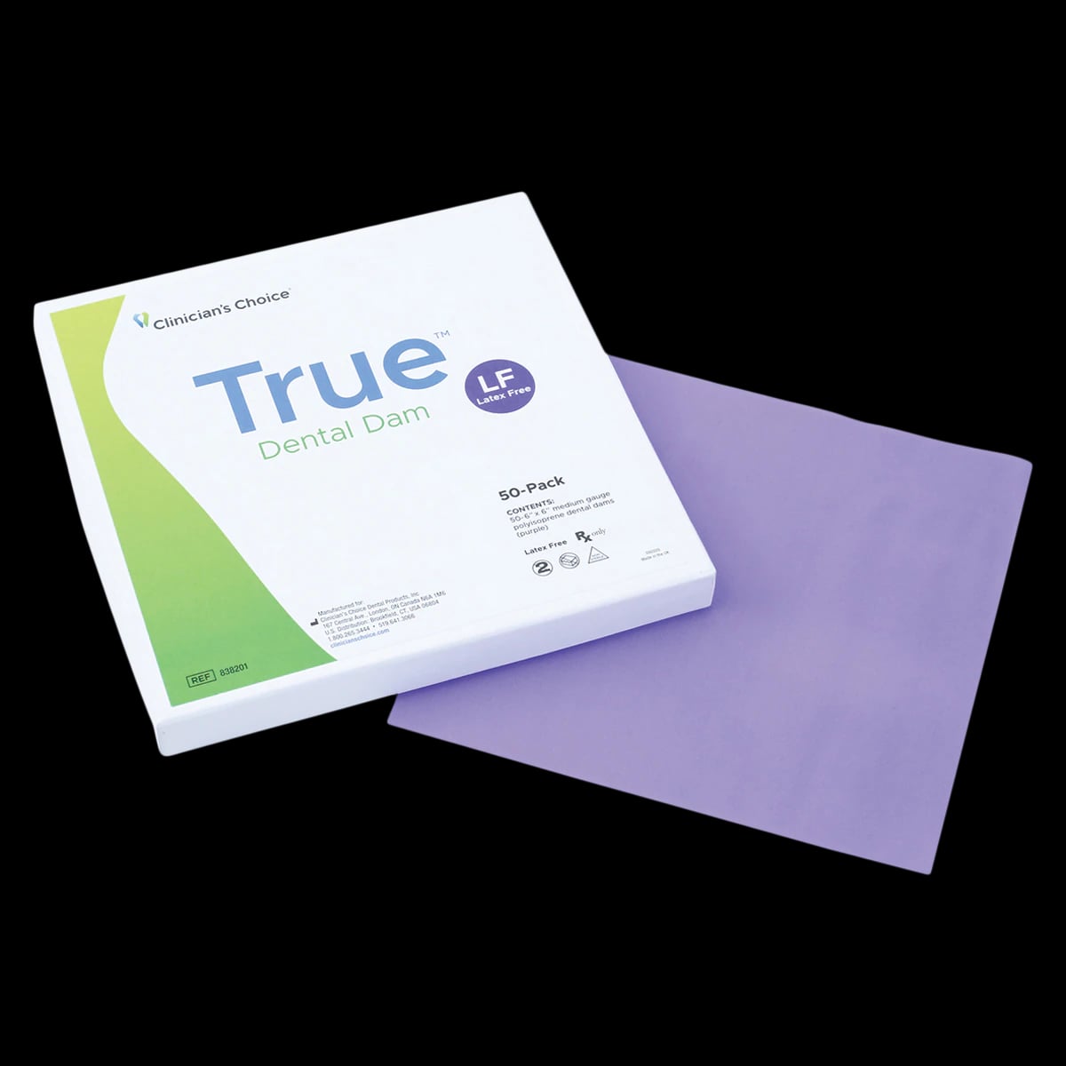 True Dental Dam Latex-Free Rubber Dam, 6 x 6 in, Medium Gauge, Purple, Unflavored, 50/Box