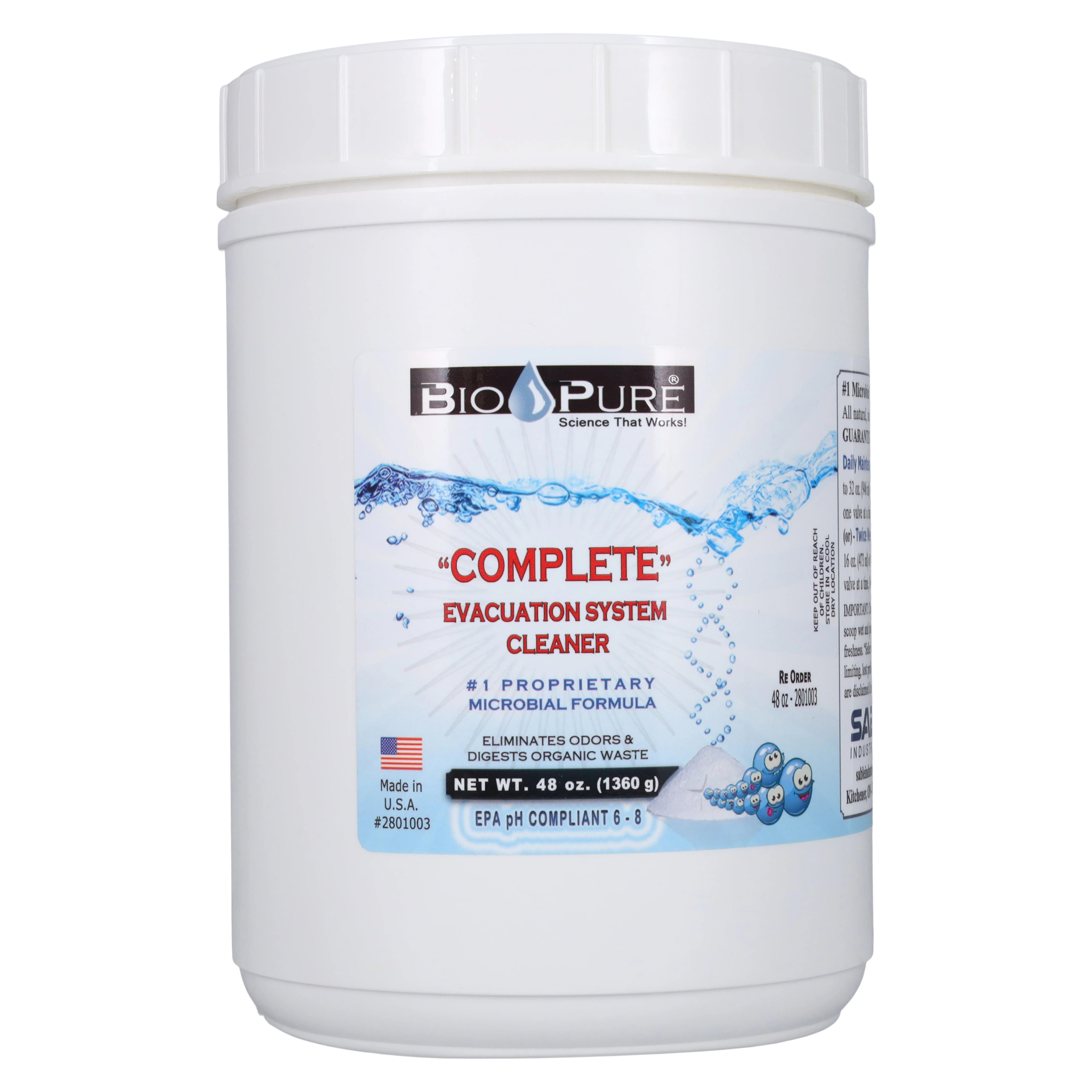 Bio-Pure eVac System Maintenance Cleaner, Powder, 48 oz Jar, 1/Pk, 2801003